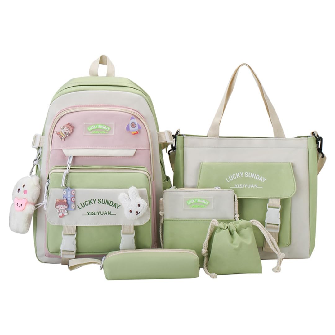 5Pcs Kawaii Cute Backpack Set for School - Aesthetic Green Backpack with Accessories | Perfect for Students, Anime Fans & Kawaii Lovers | School Supplies, Travel & Daily Use