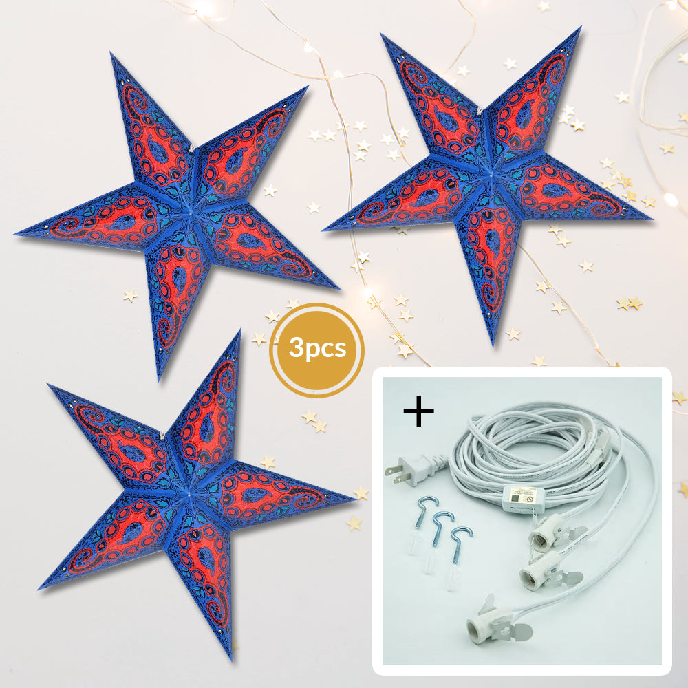 3 Pack Blue Paisley LED Star Lanterns - 24