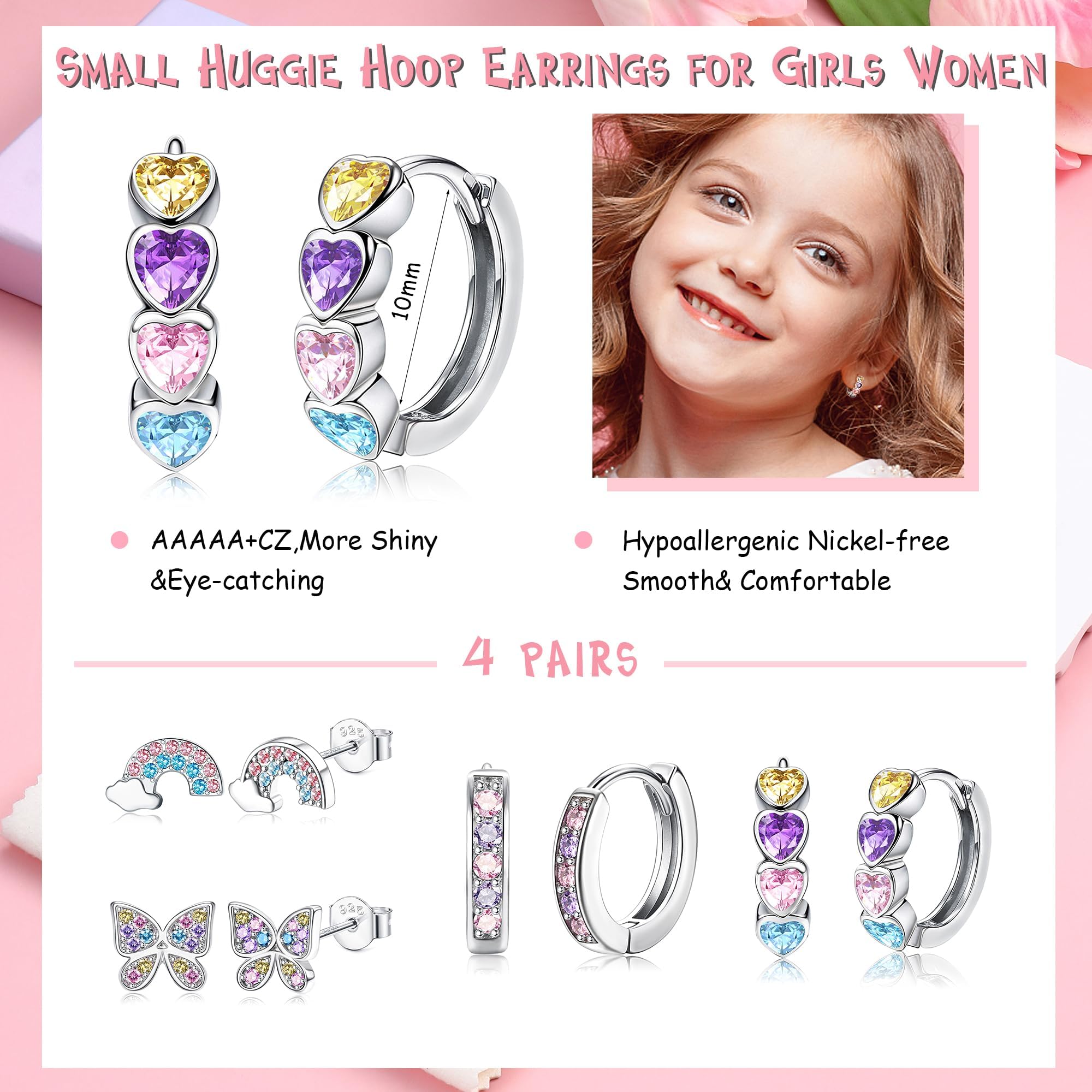 Adramata 4 Pairs 925 Sterling Silver Stud Earrings for Women & Girls - Butterfly & Heart Cartilage Earrings Set | Hypoallergenic Hoop & Stud Earrings | Perfect for Daily Wear, Gifts & Special Occasions