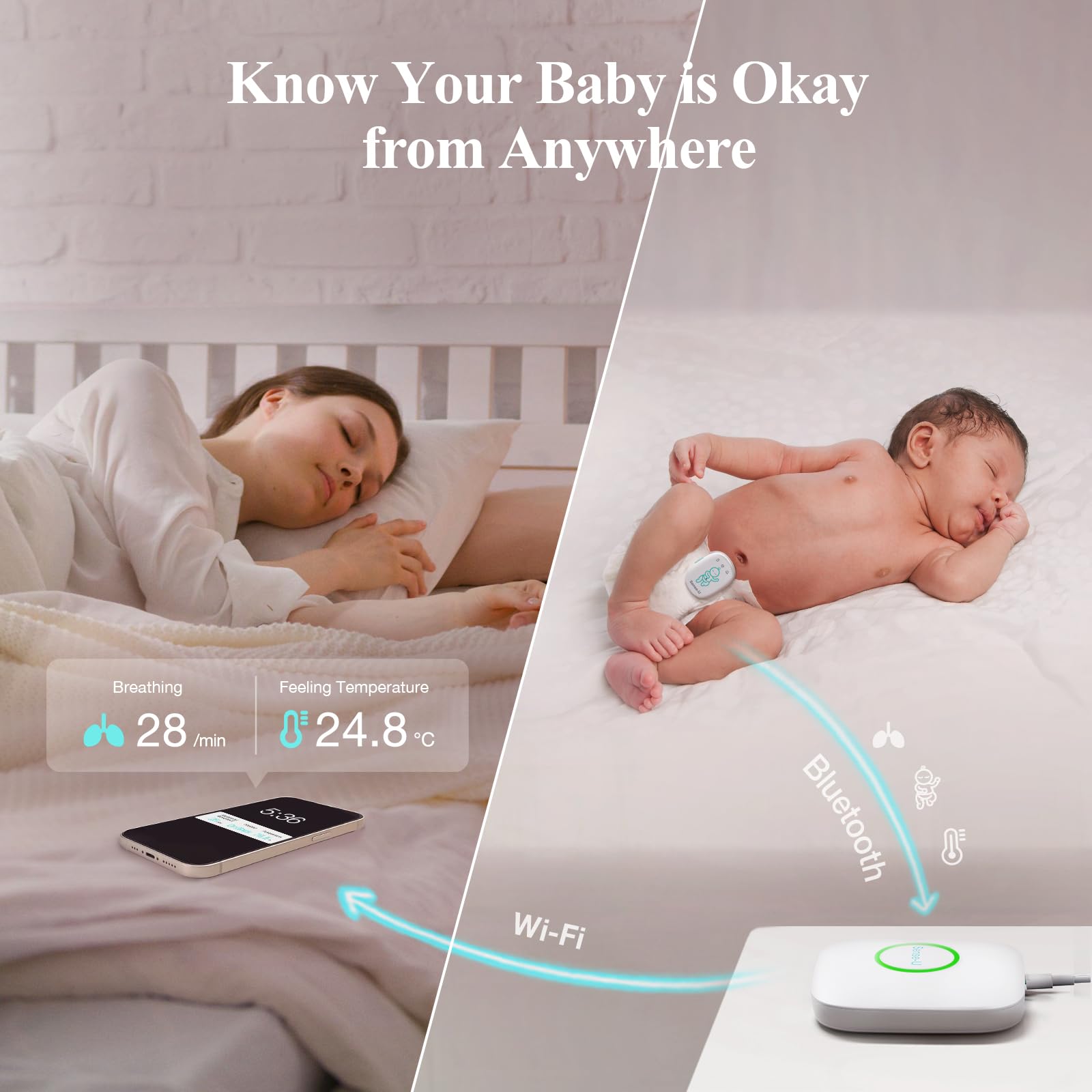 Sense-U Pro Baby Breathing Monitor with Real-Time Alerts – Track No Breathing, Rollover & Overheating Remotely | Vibration, Sound & App Notifications | Clip-On Wearable Design for Home, Travel & Nursery Safety