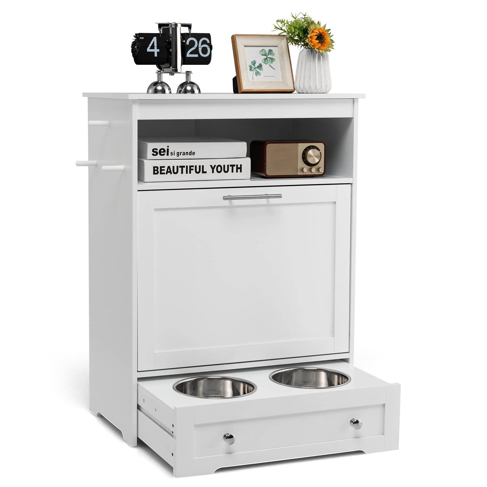 PETSITE Large Pet Feeder Station - Dog Food Storage Cabinet with Stainless Steel Double Pull-Out Raised Bowls for Dog Feeding & Watering Supplies, Pet Toy Organizer in White - Perfect for Kitchen, Laundry Room or Mudroom Pet Feeding Stations