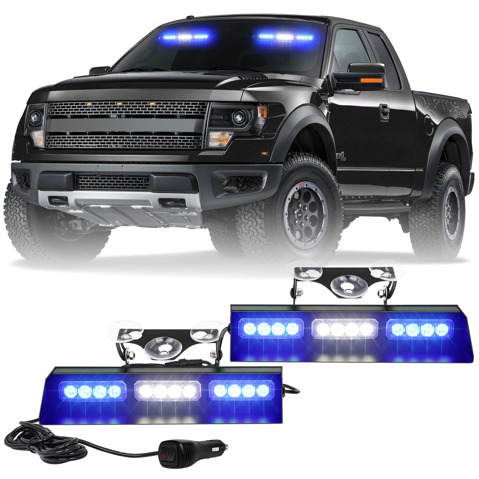 XRIDONSEN 2X 10 Inch Blue White Emergency Strobe Light Bar - Hazard Warning Police Lights for Trucks & Volunteer Law Enforcement Vehicles - Interior Windshield Mount - Perfect for Roadside Emergencies & Traffic Safety