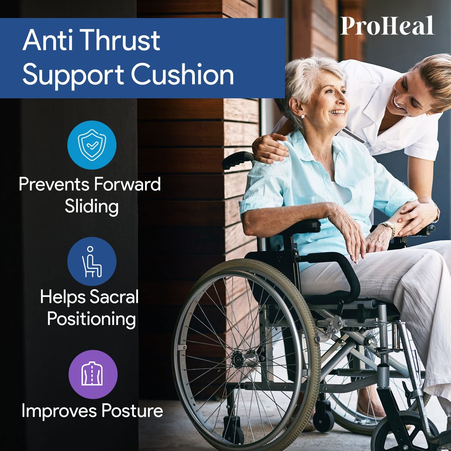 ProHeal Gel Anti-Thrust Seat Cushion - Premium Comfort Gel-Infused Foam for Back Pain Relief - Prevents Forward Sliding - Dual Gel Bladder Technology - 22