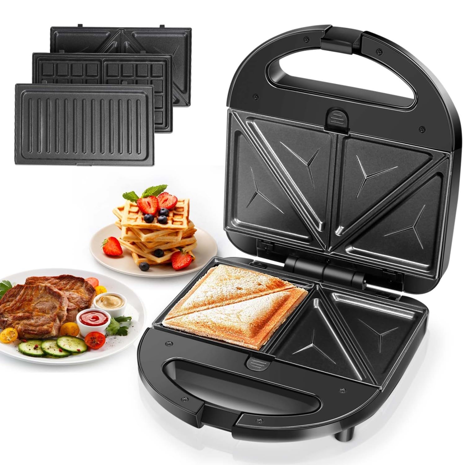 Aigostar 3-in-1 Electric Sandwich Maker & Panini Press Grill with Removable Non-Stick Plates, Waffle Maker, Grilled Cheese Maker - 750W, Cool-Touch Handle, LED Indicator, Easy to Clean - Perfect for Breakfast, Lunch, Picnics & Office Snacks