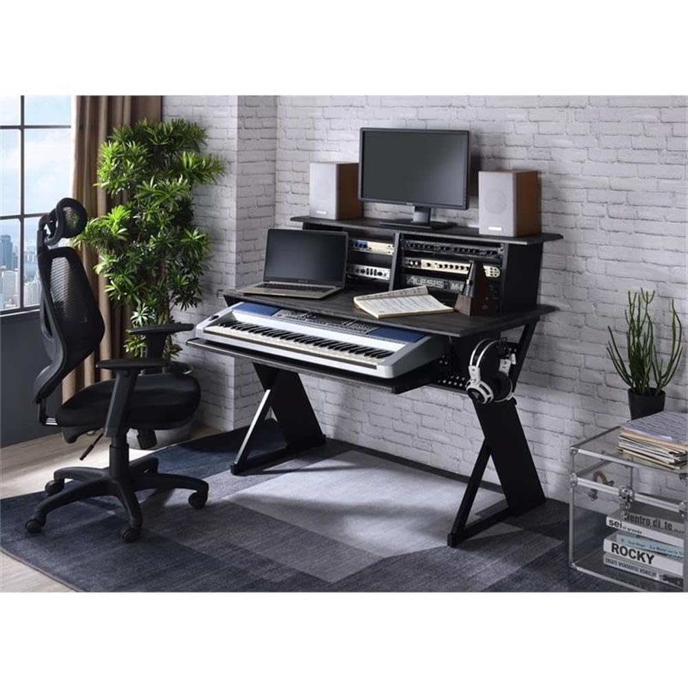 Acme Furniture Black Rectangular Music Desk with Headphone Holder - Perfect for Home Studios, Music Practice & Office Workspaces