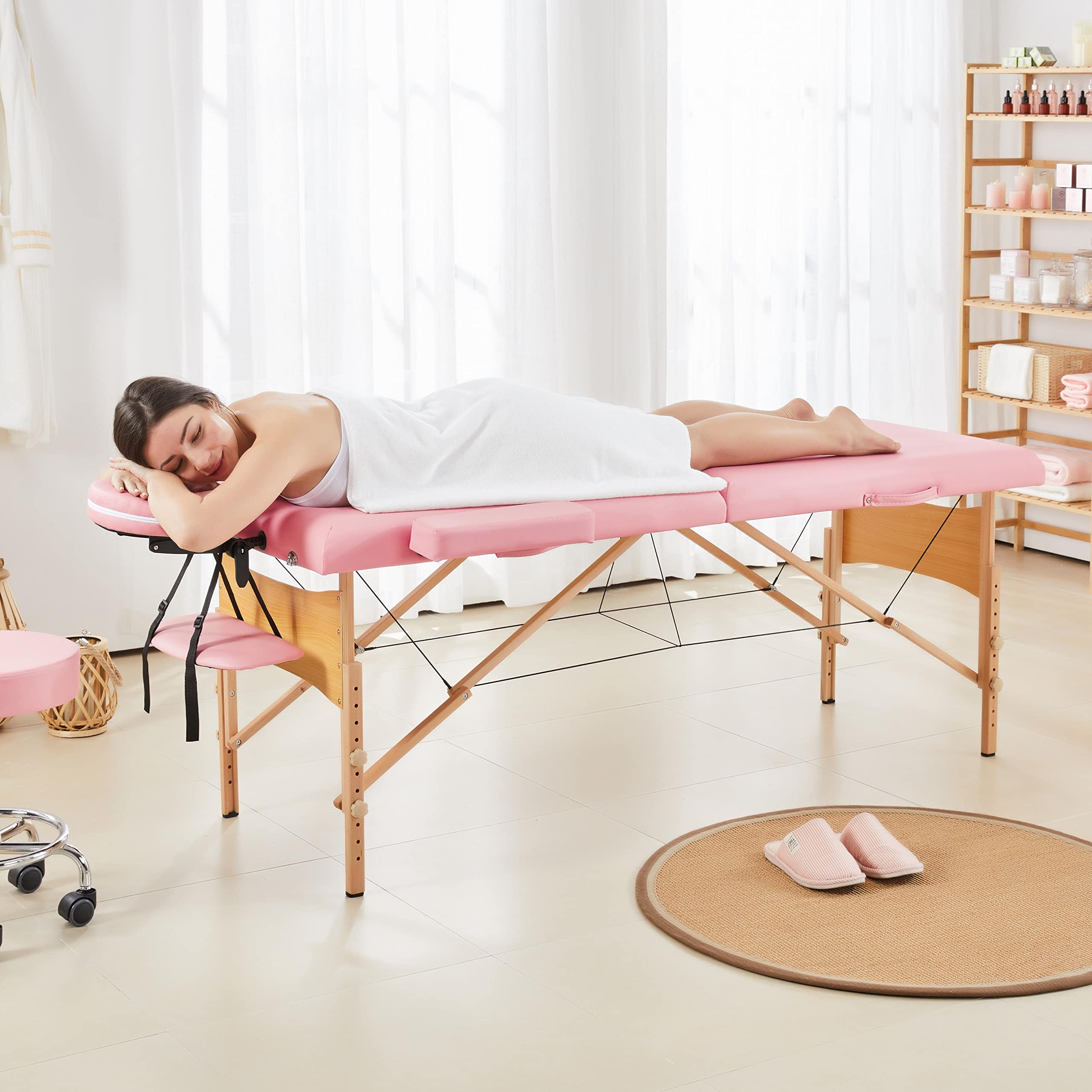 Yaheetech Portable Foldable Massage Table - 28 Inch Adjustable 2-Fold Spa Bed with Non-Woven Bag, Pink | Perfect for Professional Massage, Lash Extensions & Home Spa Treatments