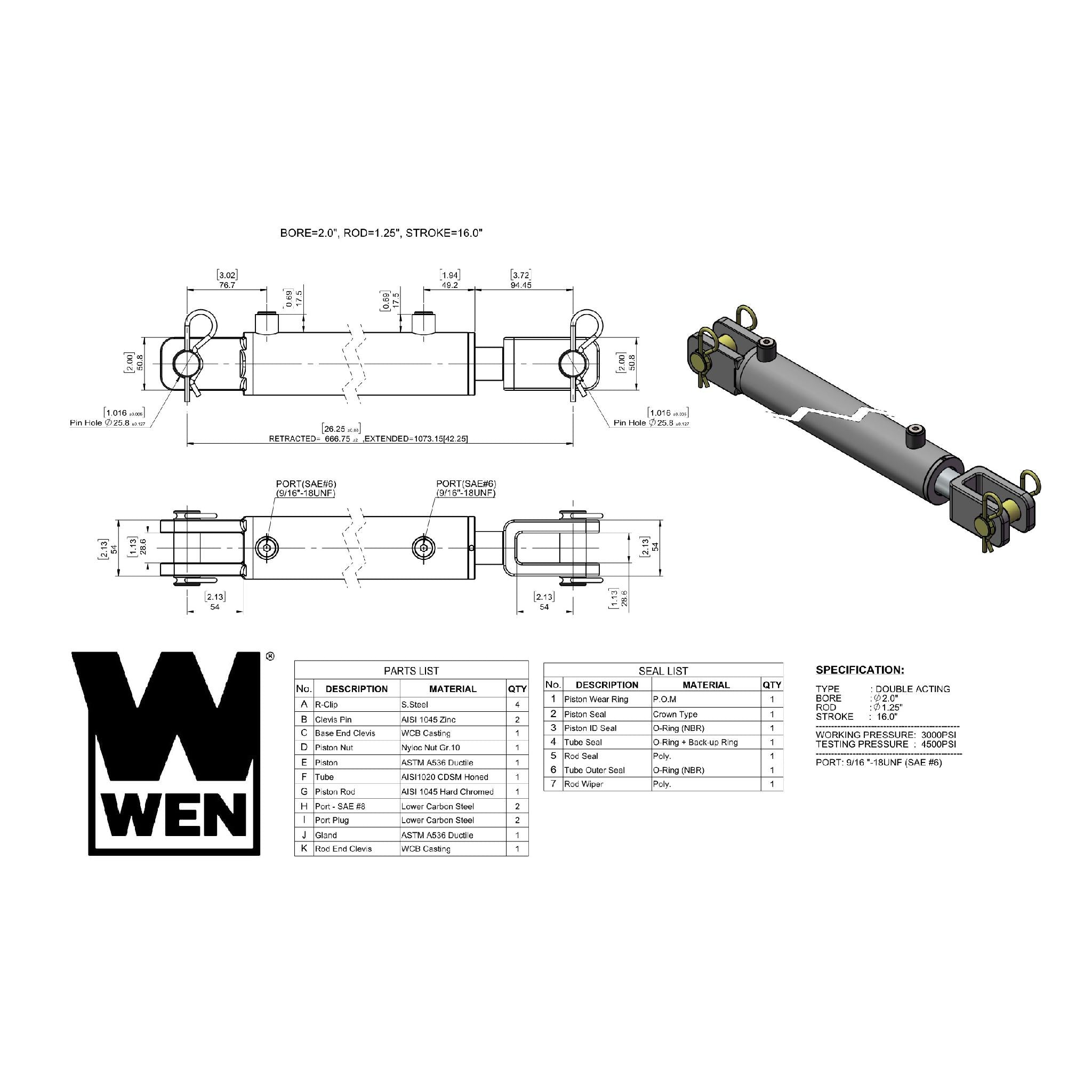 WEN CC2016 2-Inch Bore 16-Inch Stroke Clevis Hydraulic Cylinder - Heavy Duty Hydraulic Ram for Construction, Agriculture & Industrial Equipment