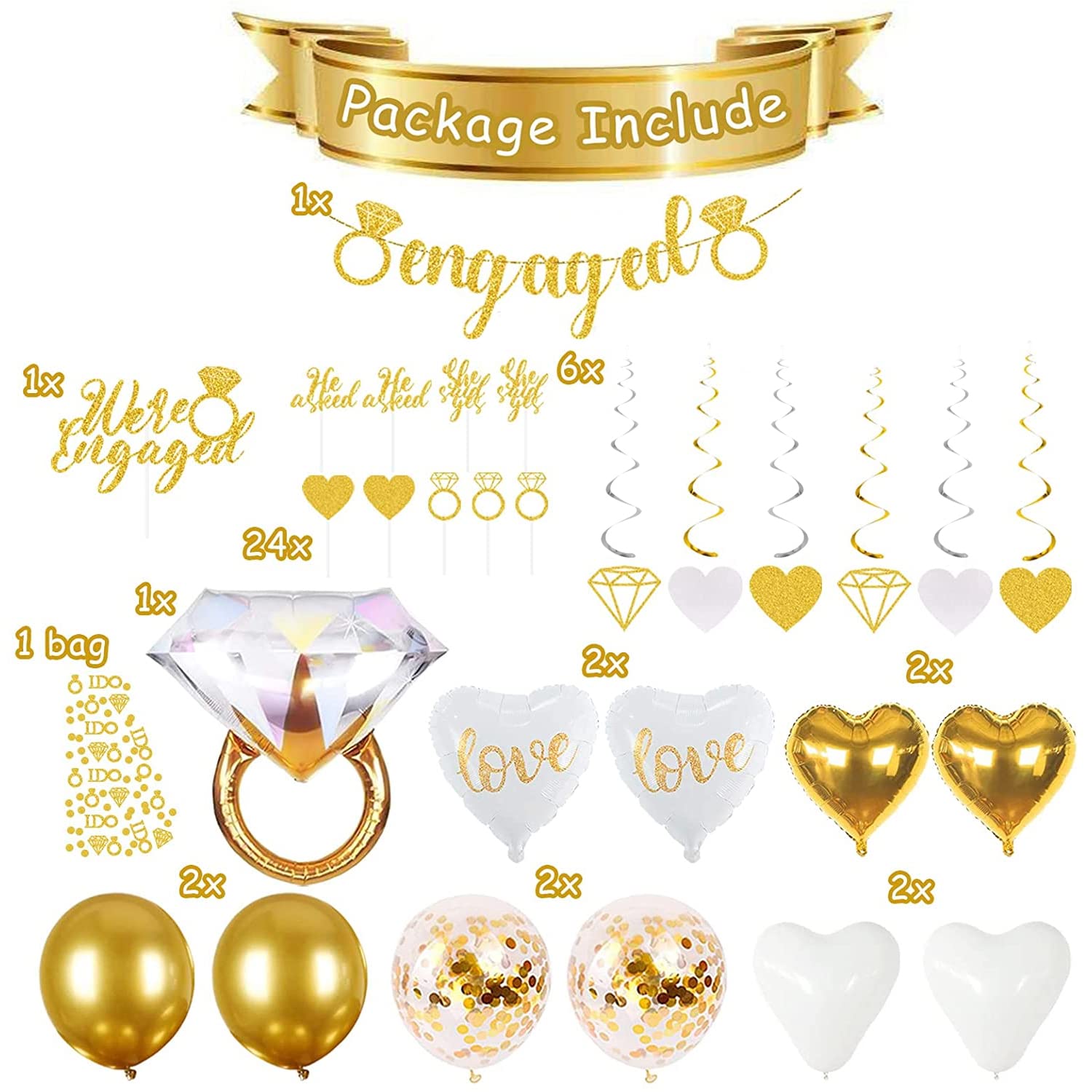 Sparkly Gold Engagement Party Decorations Set - Engaged Banner, Cake Toppers, Confetti & Ring Balloons for Wedding, Bridal Shower & Anniversary Celebrations | Elegant Glitter Party Supplies