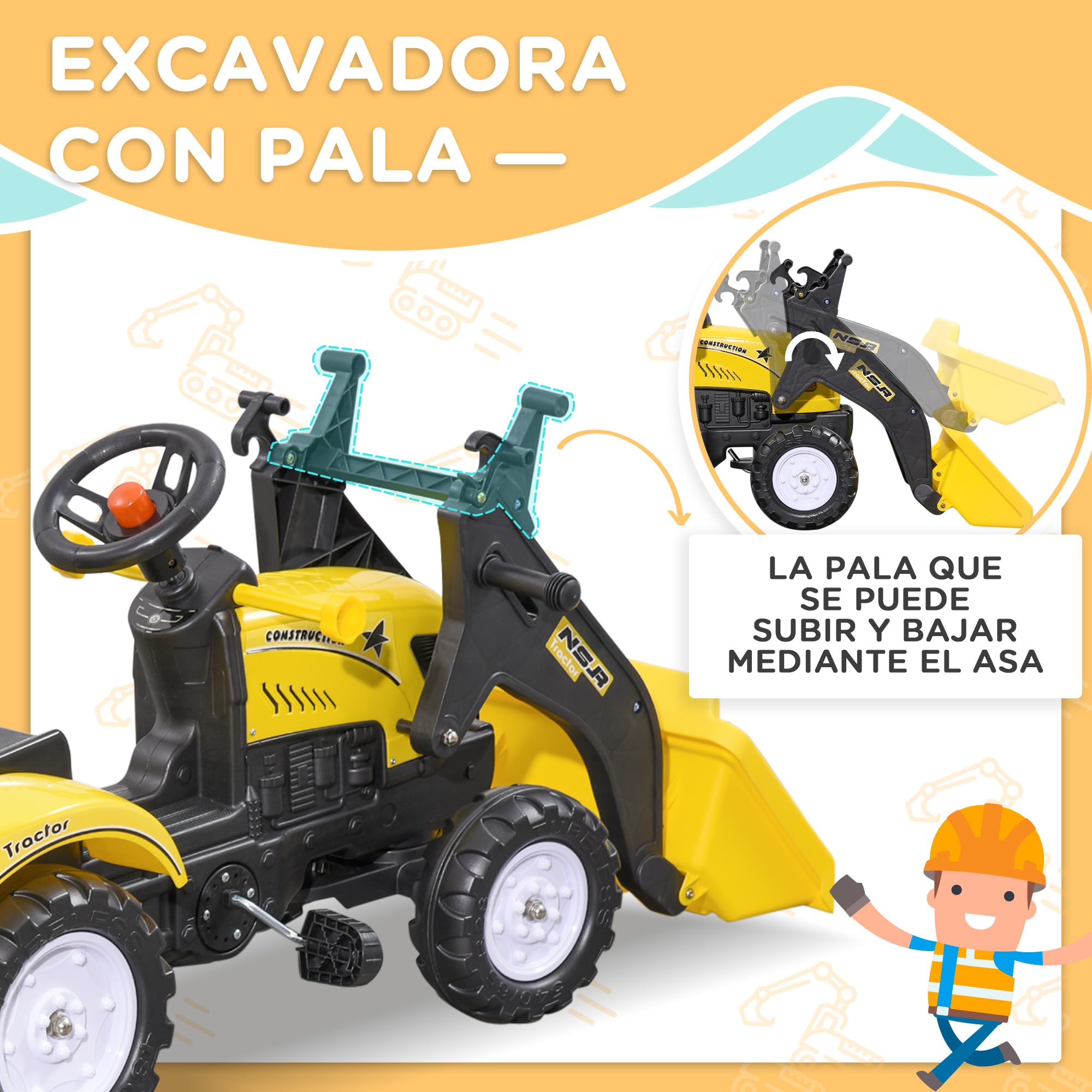 HOMCOM Kids Pedal Tractor Toy for 3 Year Old Boys & Girls - Yellow Ride-On Excavator with Detachable Trailer & Front Loader, 35kg Capacity (167x41x52cm) - Perfect for Outdoor Play, Birthday Gifts & Backyard Fun