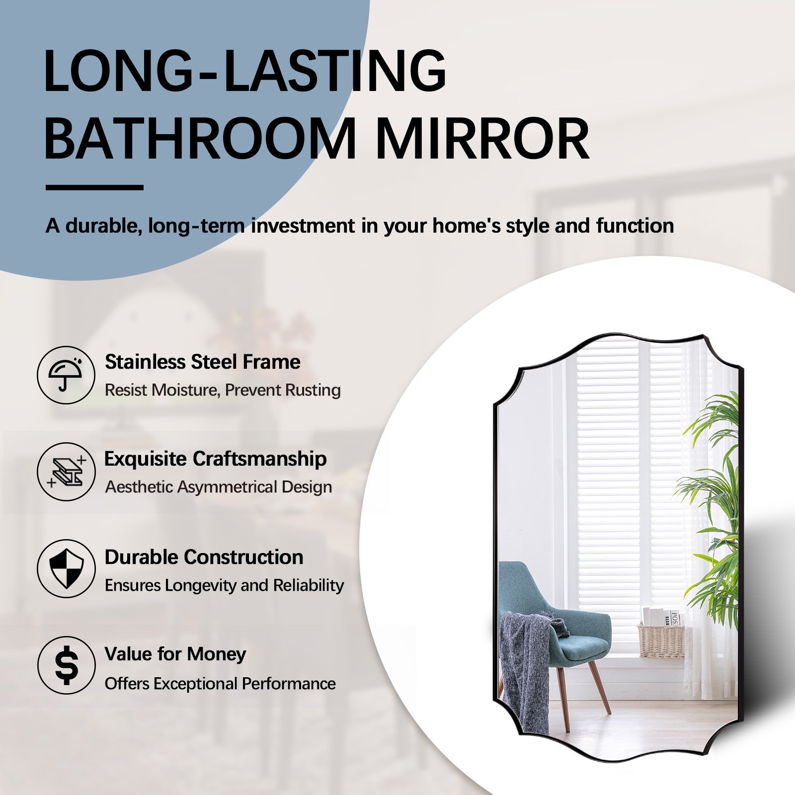 Contemporary Scalloped Rectangle Wall Mirror with Stainless Steel Frame - Elegant Home Decor for Living Room, Bedroom & Entryway