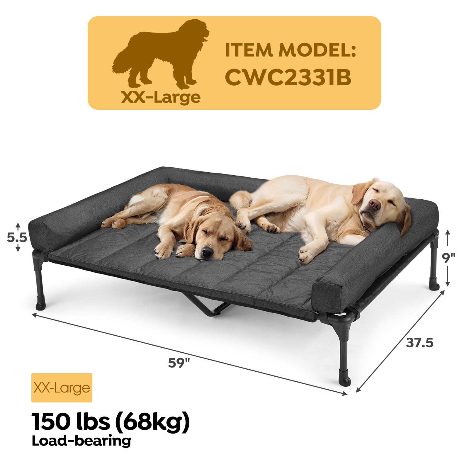**Veehoo Elevated Cooling Dog Bed with Removable Waterproof Pillow-Top Mat - Breathable Mesh, No-Slip Feet - XXLarge Black CWC2331B for Indoor & Outdoor Use - Perfect for Hot Weather, Patio, and Travel**