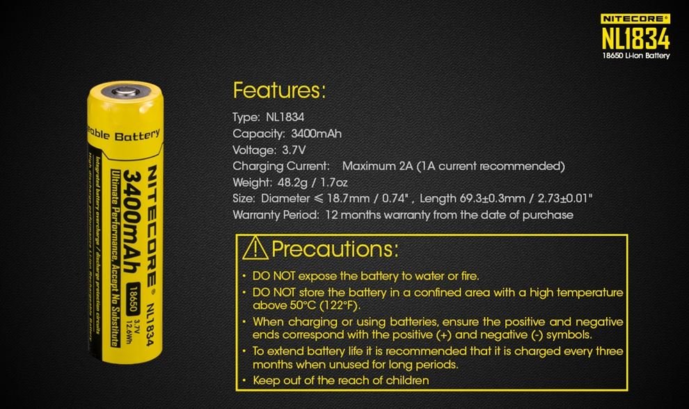 Nitecore NL1834 18650 Rechargeable Battery 3400mAh High Capacity - Perfect for Flashlights, Vape Mods, and Portable Electronics