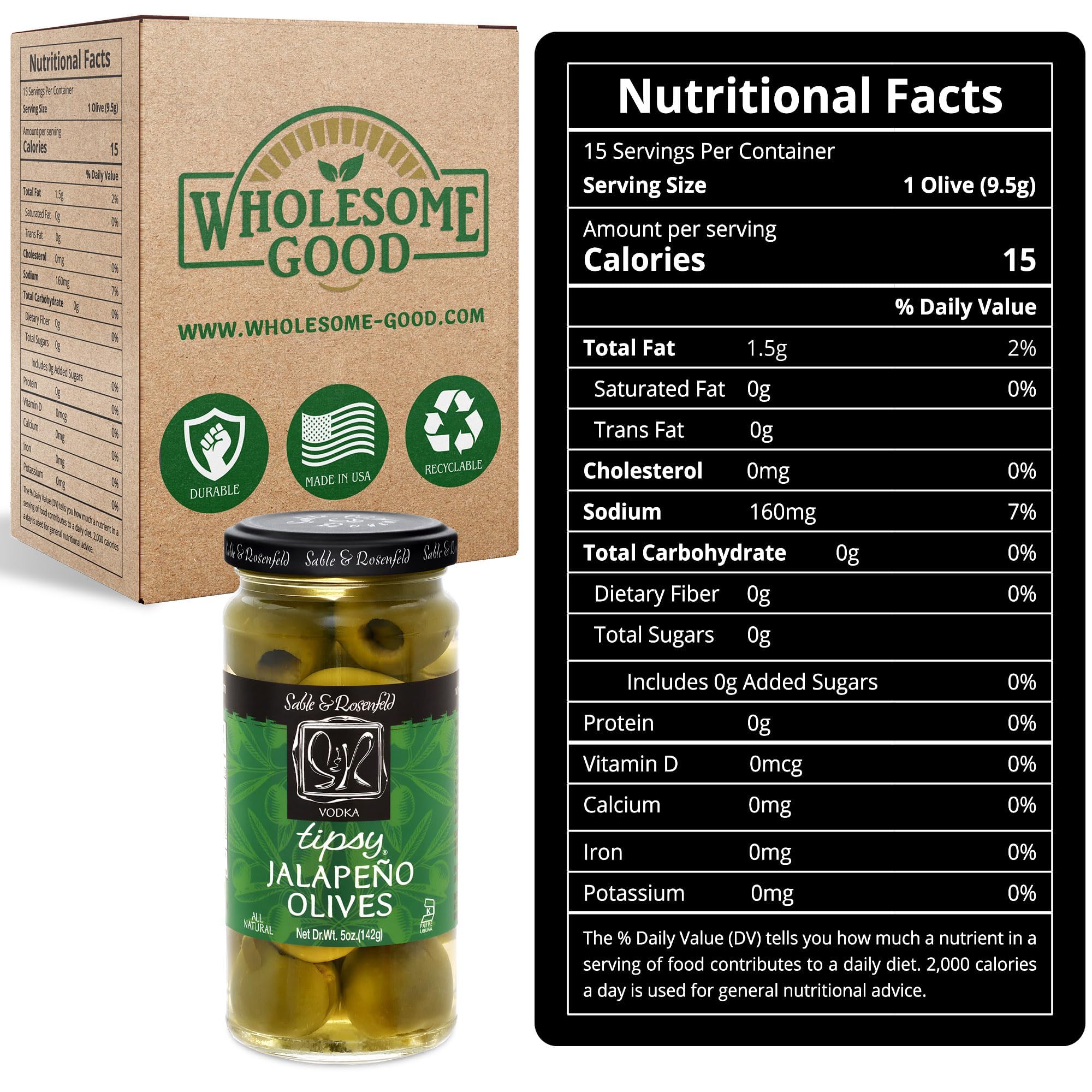 Premium Tipsy Olives - Large Green Olives Stuffed with Jalapeño in Vodka - Perfect for Cocktail Garnish, Bloody Mary, Martini & Charcuterie Boards - Kosher Certified by Sable & Rosenfeld - 5 Oz (Pack of 3) - Great for Parties, Home Bars & Gourmet Gifts