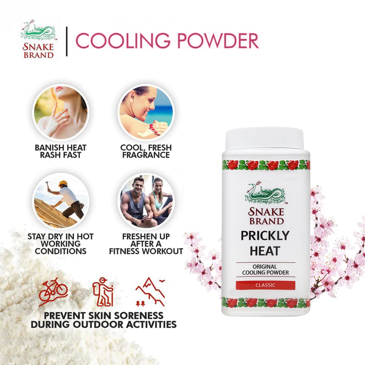 Snake Brand Prickly Heat Cooling Talcum Powder with Japanese Sakura Scent - 50g (Pack of 4) | Heat Rash Relief & Body Cooling Powder | Ideal for Summer, Gym & Outdoor Activities