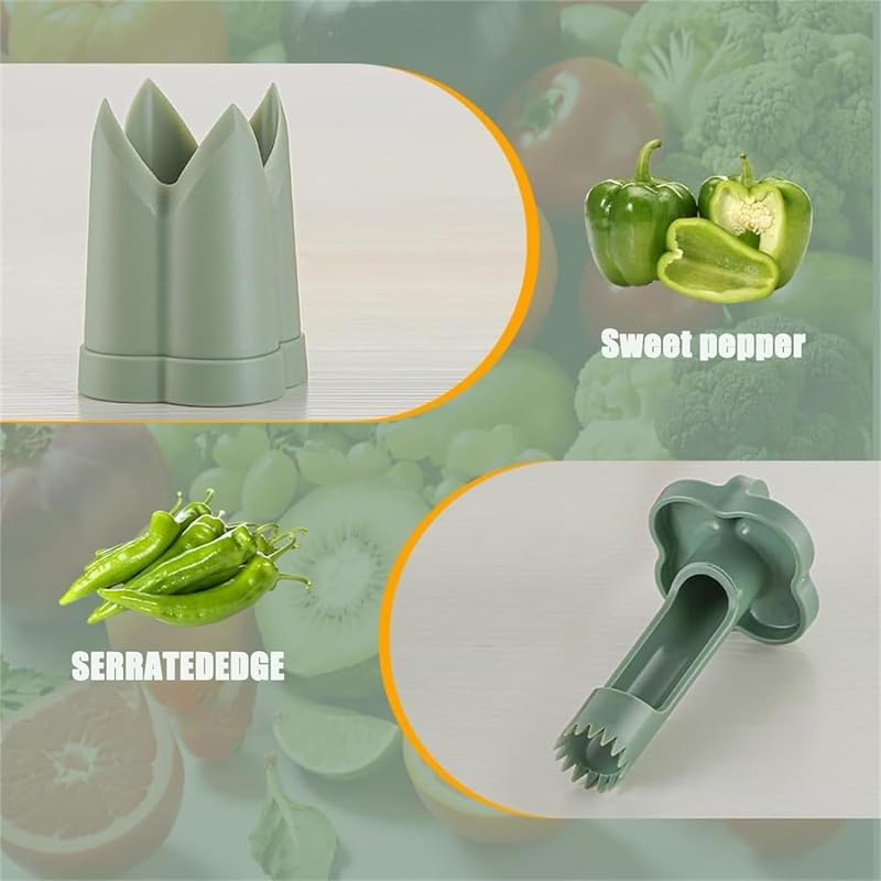 2 in 1 Bell Peppers Seed Core Remover & Jalapeno Corer - Stainless Steel Vegetable & Fruit Coring Tool for BBQ, Cooking, Meal Prep - Quick Core Remover for Green Peppers, Jalapenos, Tomatoes (1x Green)