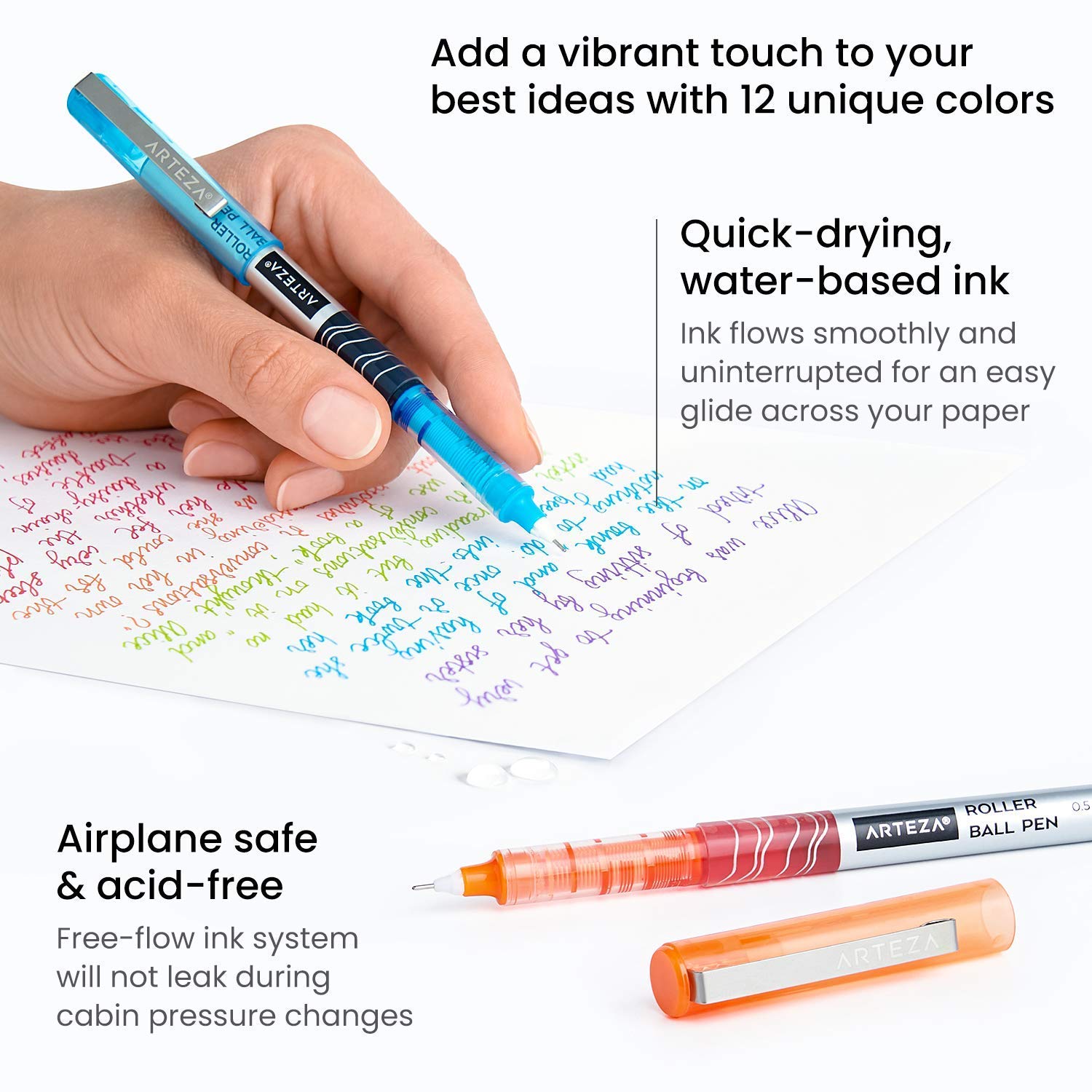 ARTEZA 24-Pack Fine Point Rollerball Pens - 0.5mm Extra Fine Needle Tip with Liquid Ink for Coloring, Journaling & Note Taking - Vibrant Color Set for Artists, Students & Office Use