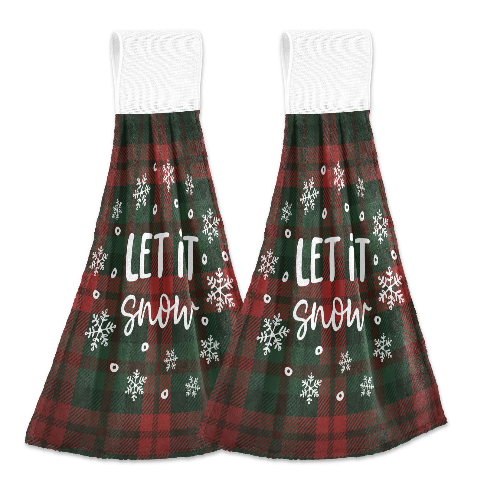 Let It Snow Christmas Hanging Kitchen Towels - 2PCS Buffalo Falling Snowflakes Oven Tie Towel Set, Absorbent Guest Hand Towels for Kitchen & Bathroom Decor - Perfect for Holiday Hosting, Dish Drying & Festive Home Decoration