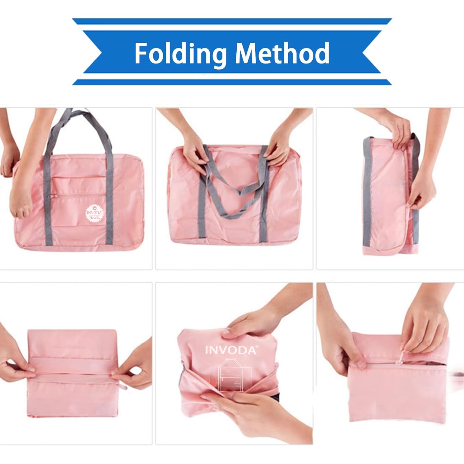 INVODA Foldable Travel Duffel Bag for Women & Men - Waterproof Gym Bag, Carry-On Weekender Overnight Bag for Sports, Gym, Air Travel - Fits Spirit Airlines Personal Item Size (Pink & Green) - Perfect for Weekend Getaways, Business Trips & Workout Sessions