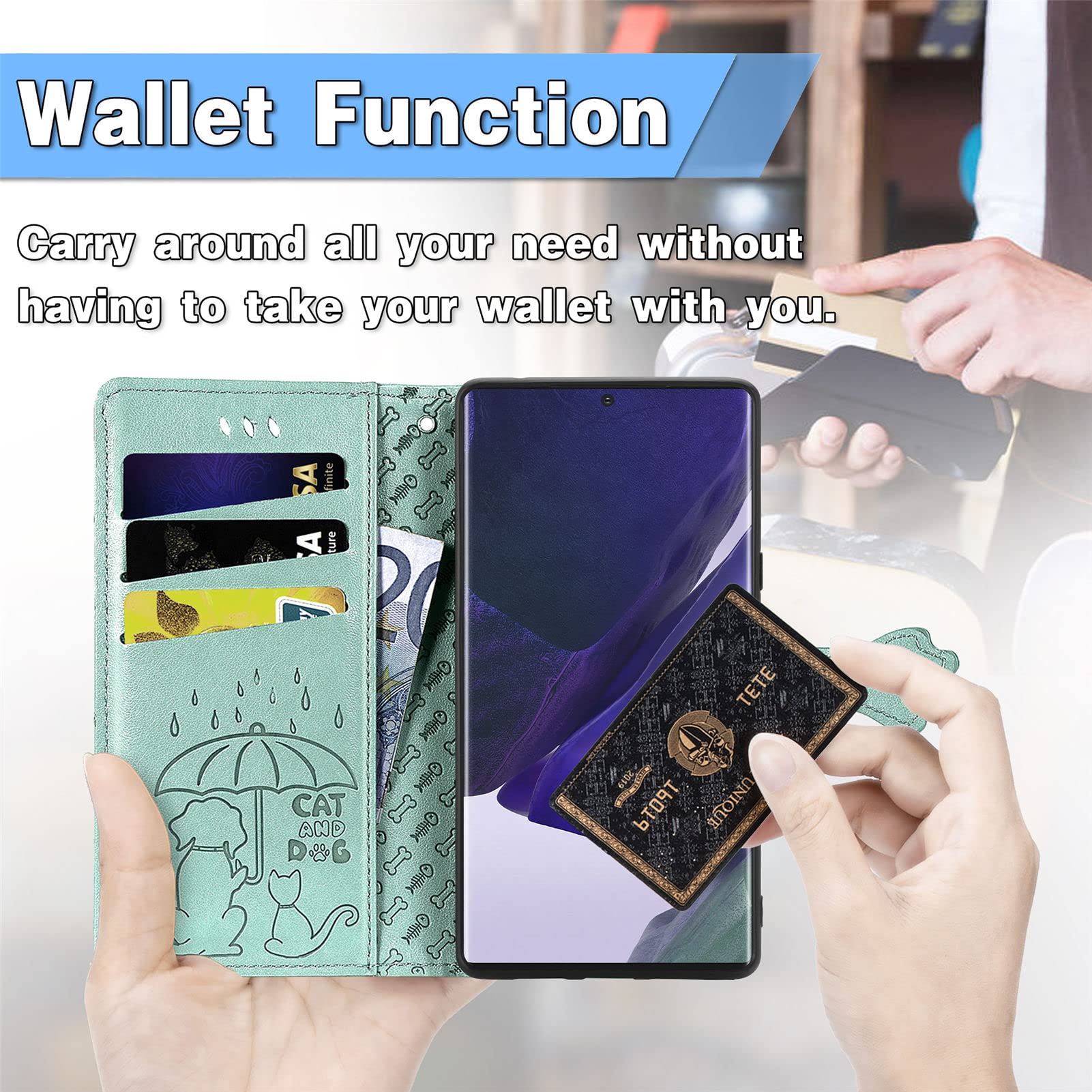 Cute Cartoon Wallet Case for Samsung Galaxy S22 Ultra - Cat & Dog Design Flip Cover with ID Card Holder, PU Leather Protective Phone Case (MG Green) | Perfect for Daily Use, Travel & Hands-Free Convenience