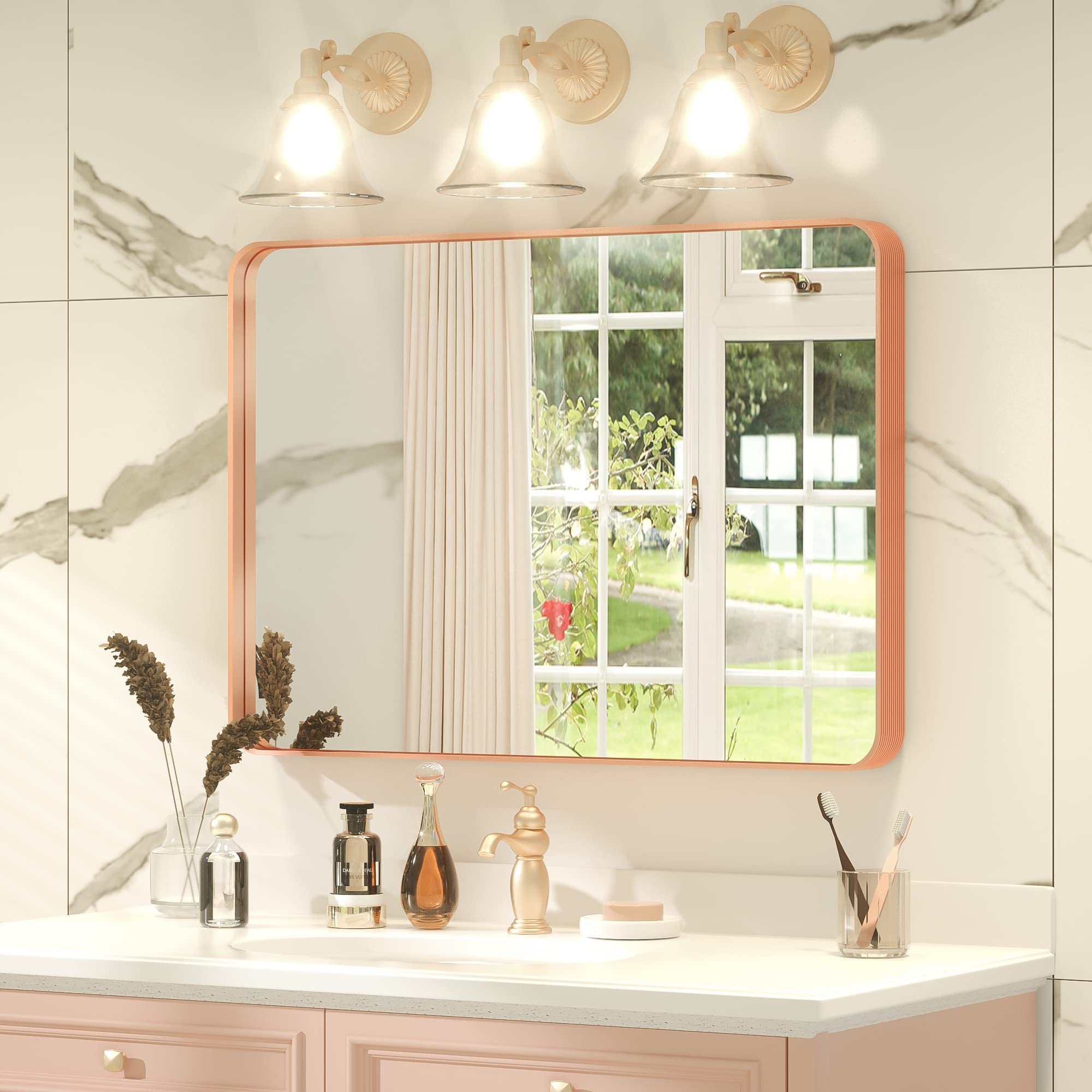36x24 Inch Rose Gold Framed Bathroom Mirror - Modern Farmhouse Aluminum Vanity Mirror for Over Sink, Wall Mounted - Perfect for Bathroom Decor, Makeup Application & Home Renovation
