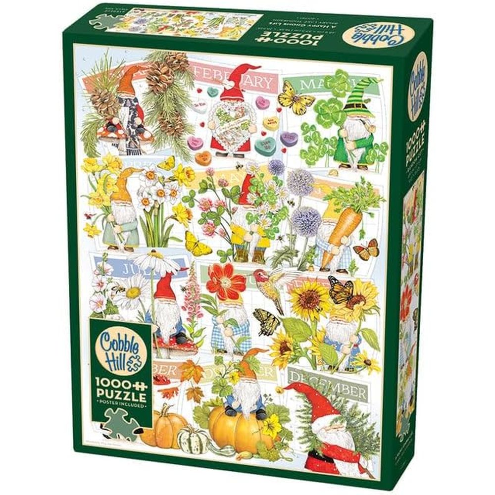 Cobble Hill Happy Gnome Life Calendar Collage 1000-Piece Jigsaw Puzzle - Perfect for Family Game Night & Holiday Gift Giving