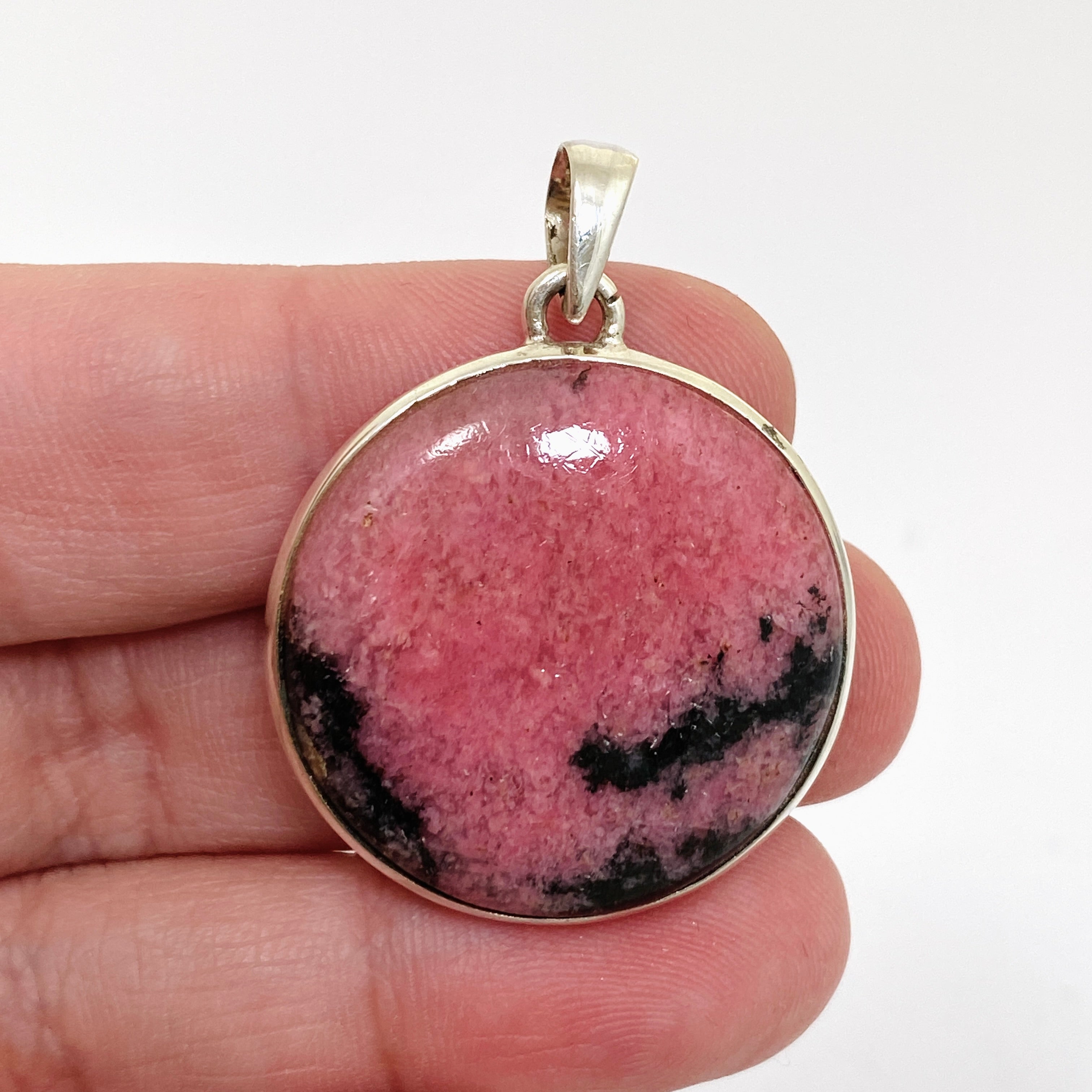 Natural Rhodonite Round Cabochon Pendant - 925 Sterling Silver Jewelry PPGJ1057 for Healing, Meditation & Spiritual Gifts