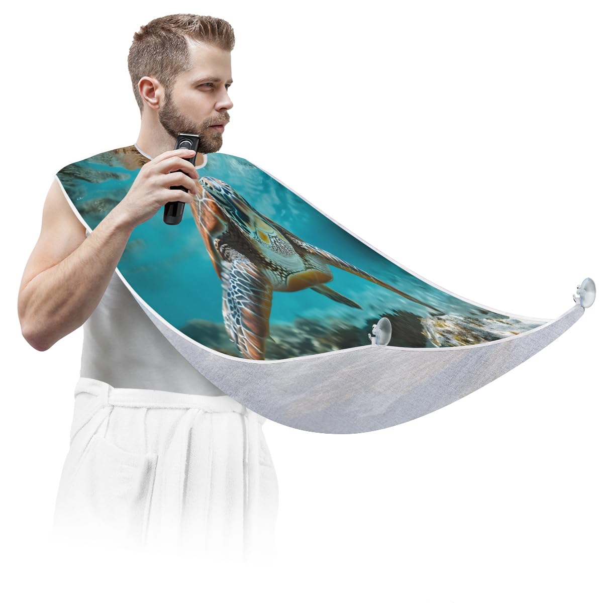 Waterproof Sea Turtle Beard Bib for Men - Non-Slip Shaving Apron with Suction Cups, Hair Catcher Cape for Grooming - Perfect Gift for Husband & Dad (Great for Bathroom Shaving & Beard Trimming)