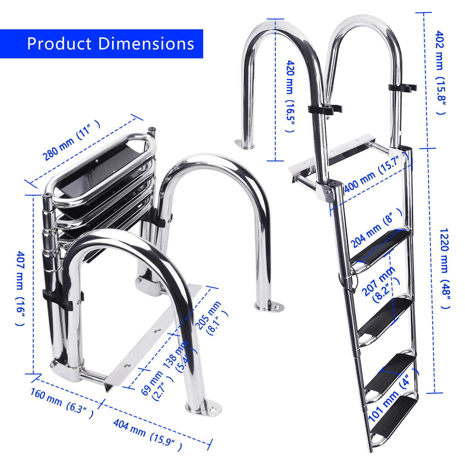 Heavy Duty 316 Stainless Steel 4-Step Telescoping Pontoon Boat Ladder with Wide Steps & Strong Handrails - Folding Rear Entry Swim Deck Ladder for Boats, Docks, and Marine Use