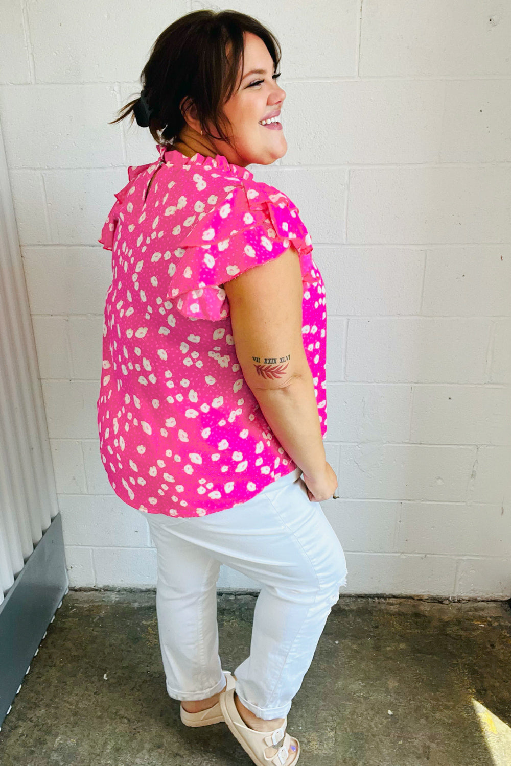 Stylish Hot Pink Floral Print Mock Neck Blouse with Double Flutter Sleeves - Perfect for Spring Outfits, Date Nights & Office Wear