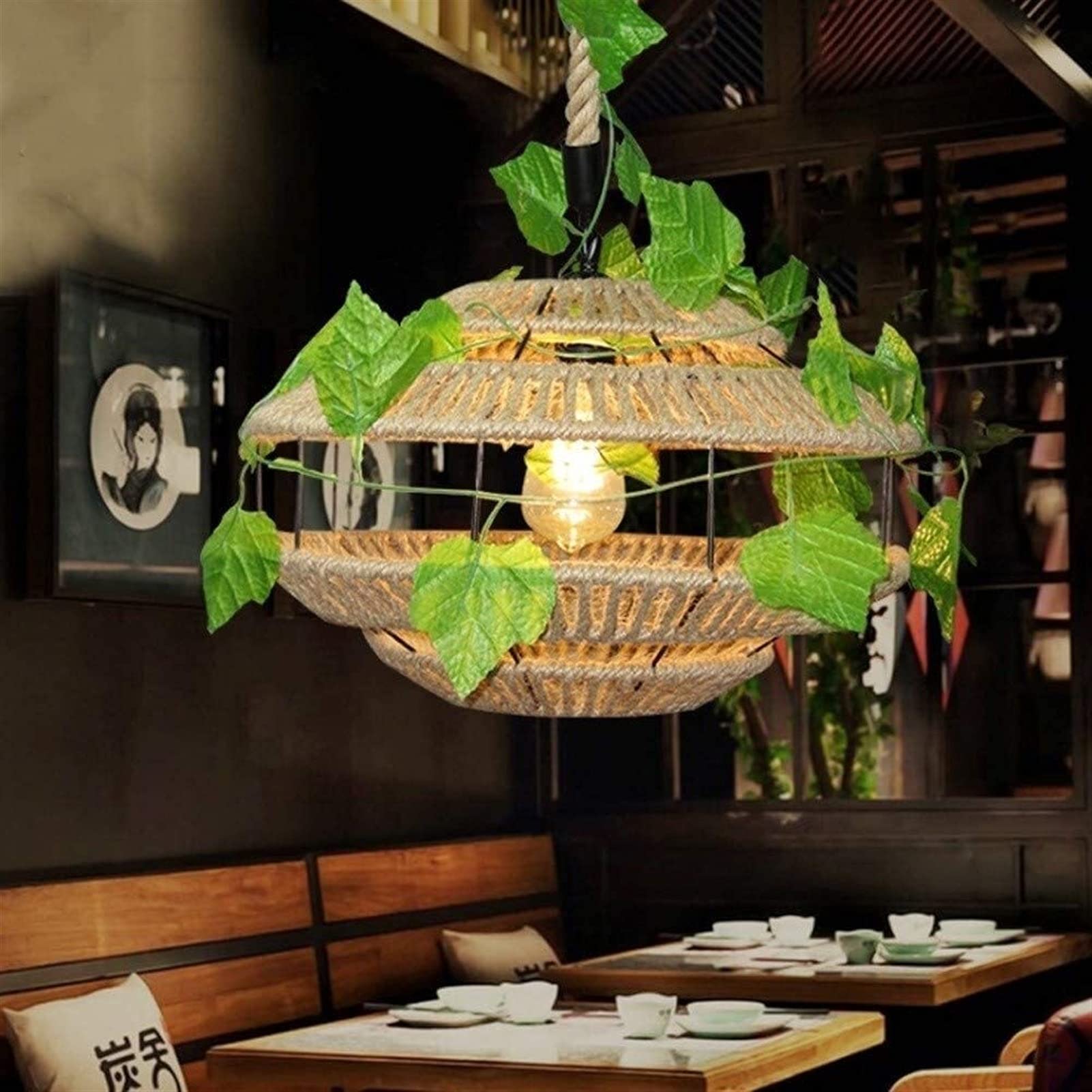 Vintage Industrial Wrought Iron Chandelier Pendant Light with Hemp Rope & Cage Lampshade - E27 Edison Bulb Retro Ceiling Fixture for Restaurant, Bar, Loft or Home Decor