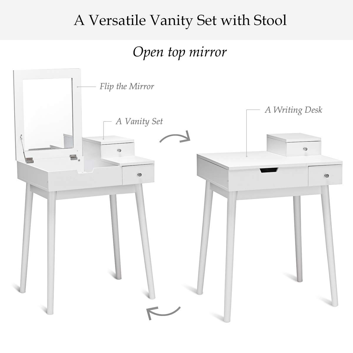 AUGESTER Vanity Dressing Set with Flip Top Mirror & Cushioned Stool - White Folding Makeup Desk with Large Storage for Bedroom, Bathroom | Perfect Vanity Table for Women & Girls | Ideal for Makeup, Dressing & Home Office Use (HW65961)