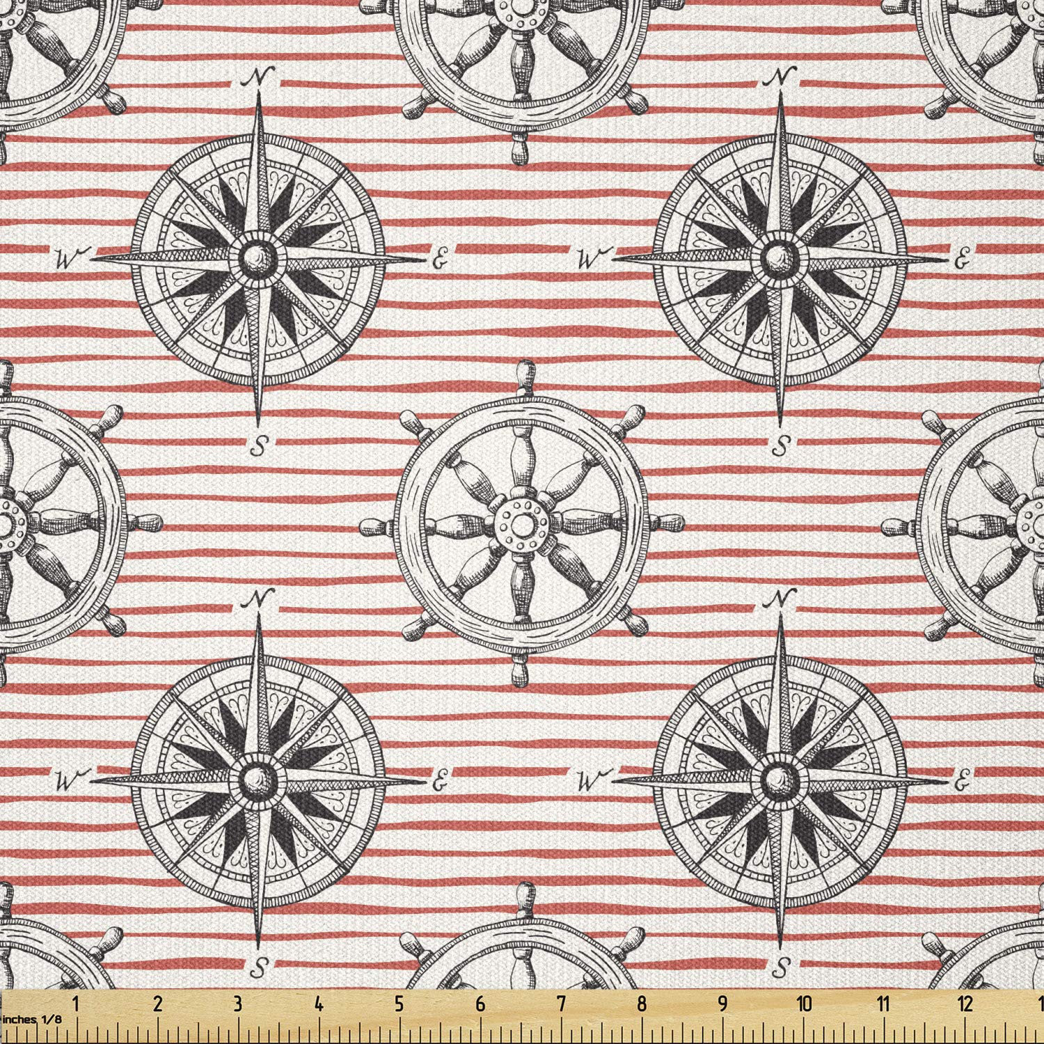 Ambesonne Nautical Stretch Knit Fabric - 10 Yards of Ocean Theme Hand-Drawn Ship Steering Wheel & Sea Compass Design with Pink Lines | Perfect for Clothing Sewing, DIY Arts & Crafts, Home Decor, and Upholstery Projects
