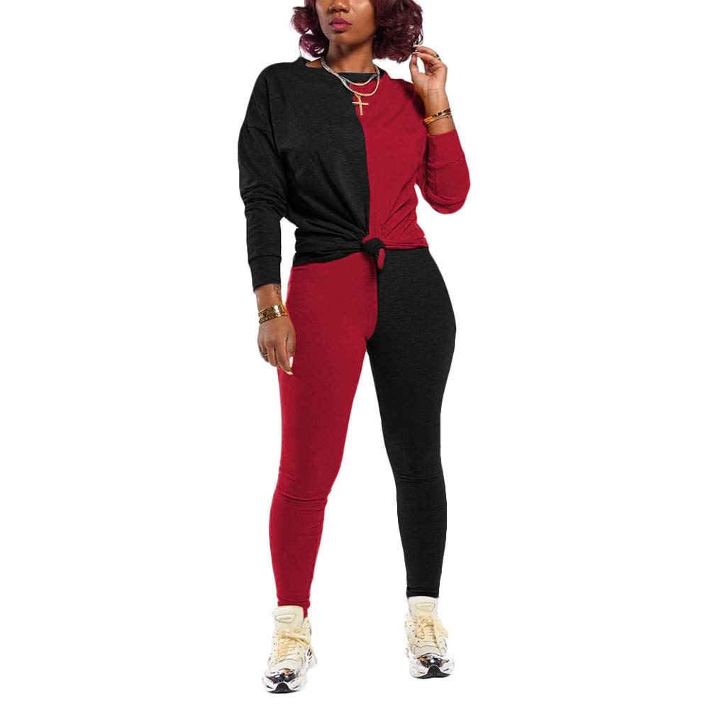 JUNBOON Women's 2 Piece Patchwork Jumpsuit Set - Long Sleeve Crop Top & High Waisted Bodycon Pants Outfit, Casual Tracksuit for Women | Perfect for Gym, Yoga, Streetwear & Night Out Fashion