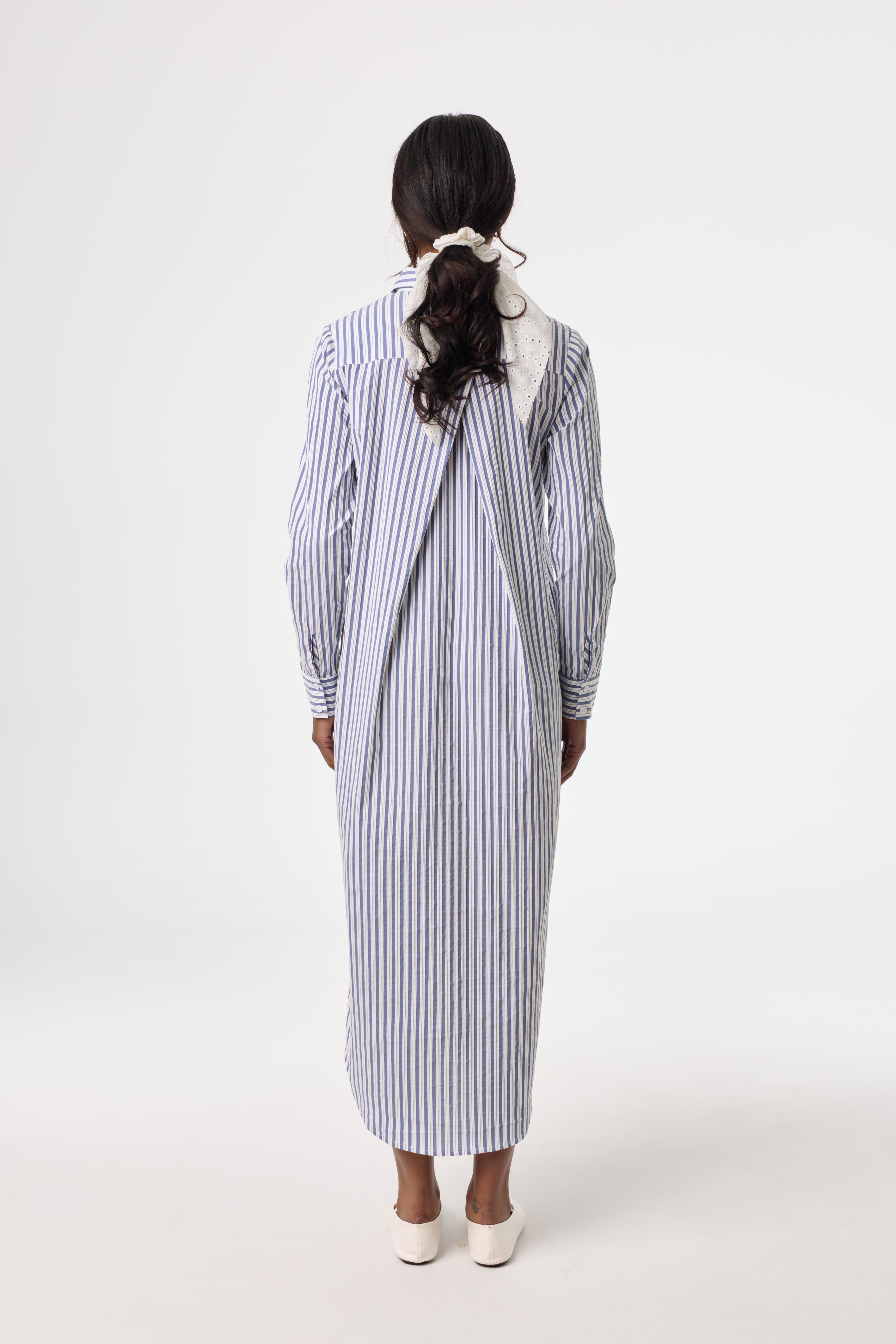 Blue Striped Stretch Maxi Shirt Dress for Women - Comfortable Long Sleeve Button Down Dress - Perfect for Office, Casual Outings & Summer Vacations