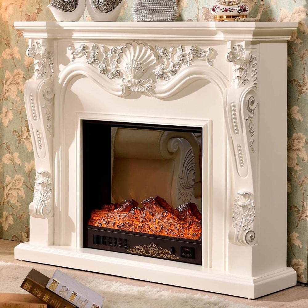 WanhaoShop White Electric Fireplace Insert with LED Flame Effect & Heater - Realistic Firebox Burner Set with Wooden Mantel & Chimney for Living Room, Bedroom, and Office Decoration