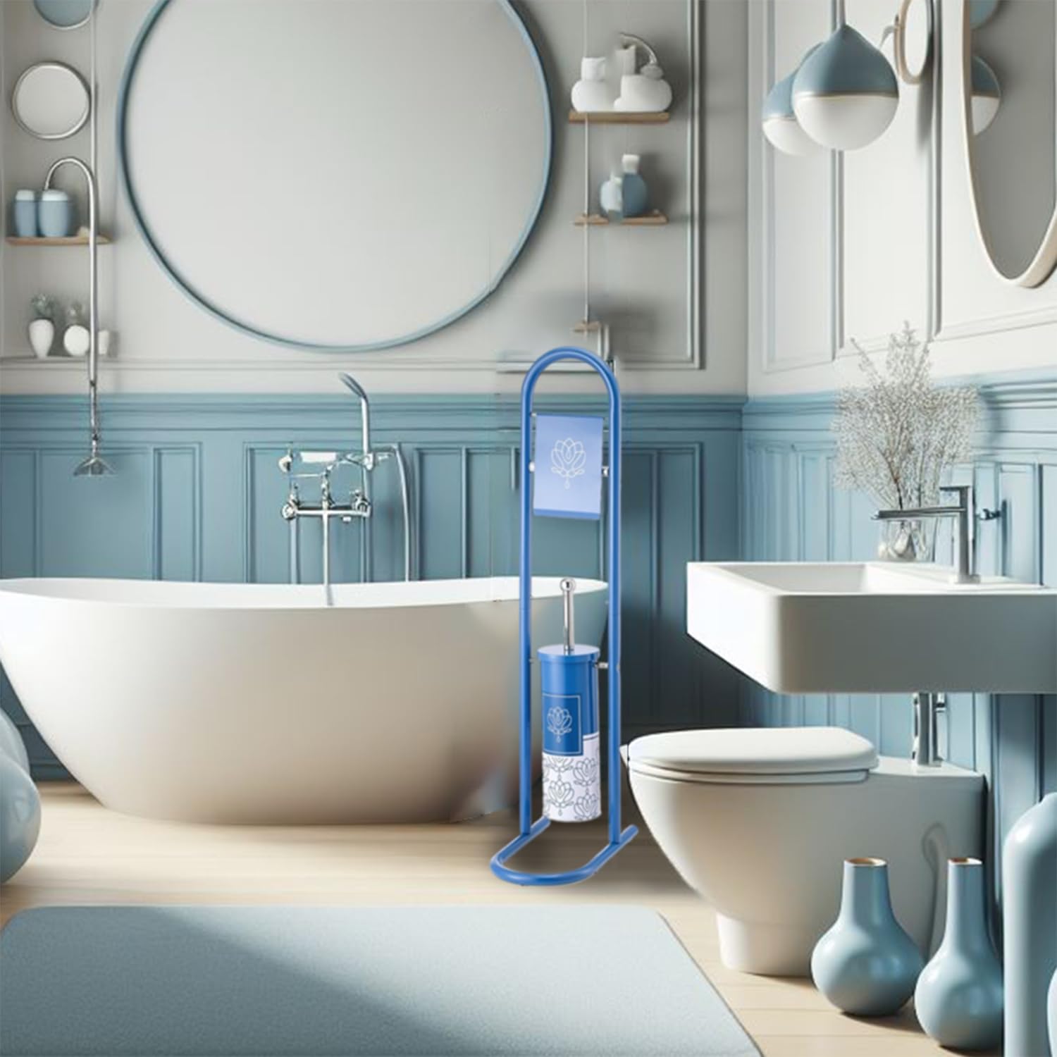 Modern Bathroom Floor Stand Set - Toilet Roll Holder & Brush Holder - 80cm Painted Metal Column - Light Blue - Perfect for Small Bathrooms & Powder Rooms