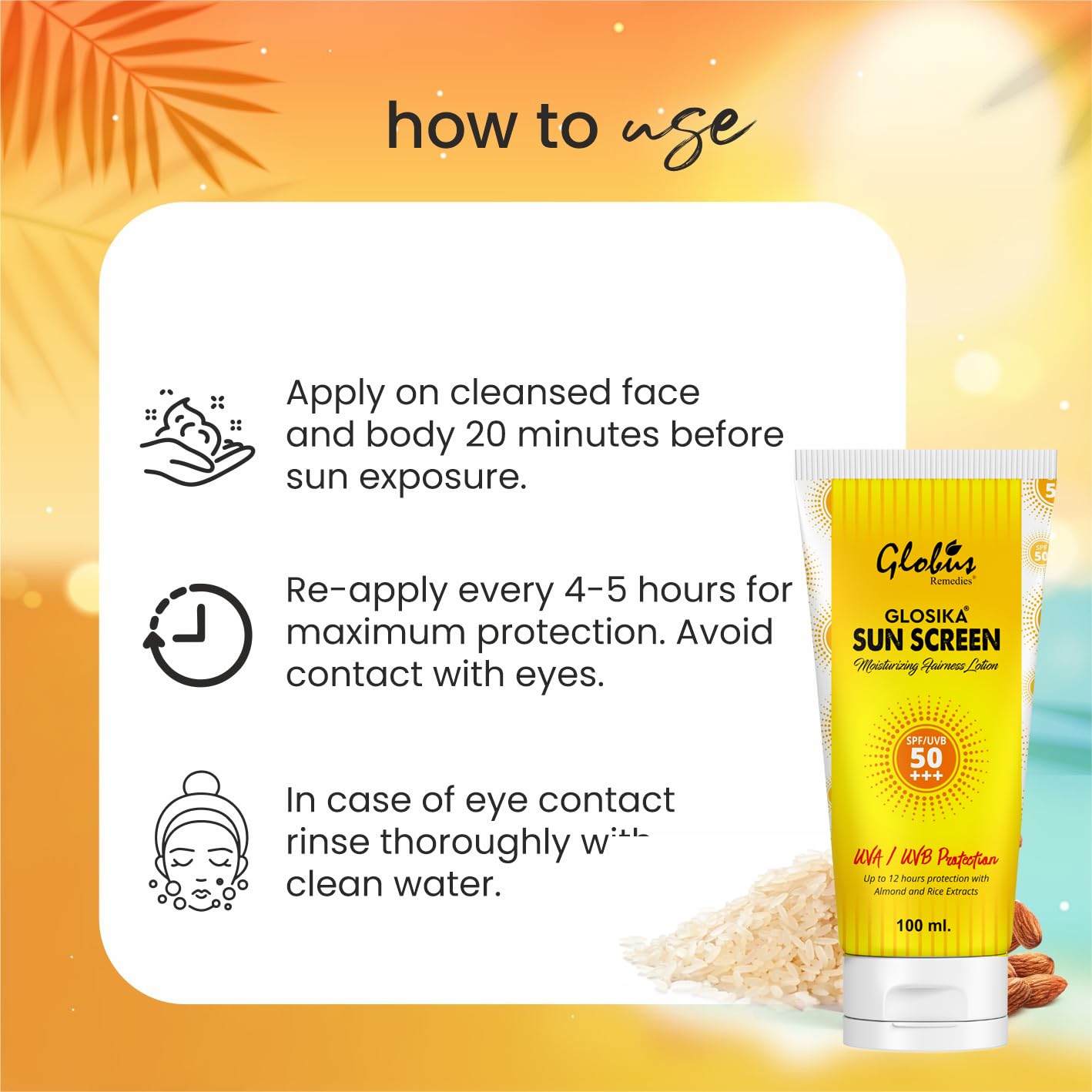 Globus Remedies Glosika SPF 50 PA+++ Sunscreen Lotion with Almond & Rose Extract - 12 Hours Sun Protection - Moisturizing & Anti-Aging Face & Body Sunscreen for Daily Outdoor Activities, Beach & Swimming