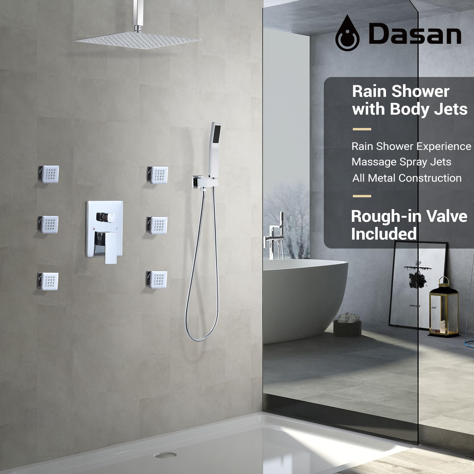 Premium DASAN 6-Piece Body Spray Jets & 12'' Rain Shower Head with Handheld - Complete Ceiling Mount Shower System in Polished Chrome (Includes Valve) - Perfect for Luxury Bathrooms & Spa-Like Experience - Model SA-SS03ACH-S12C