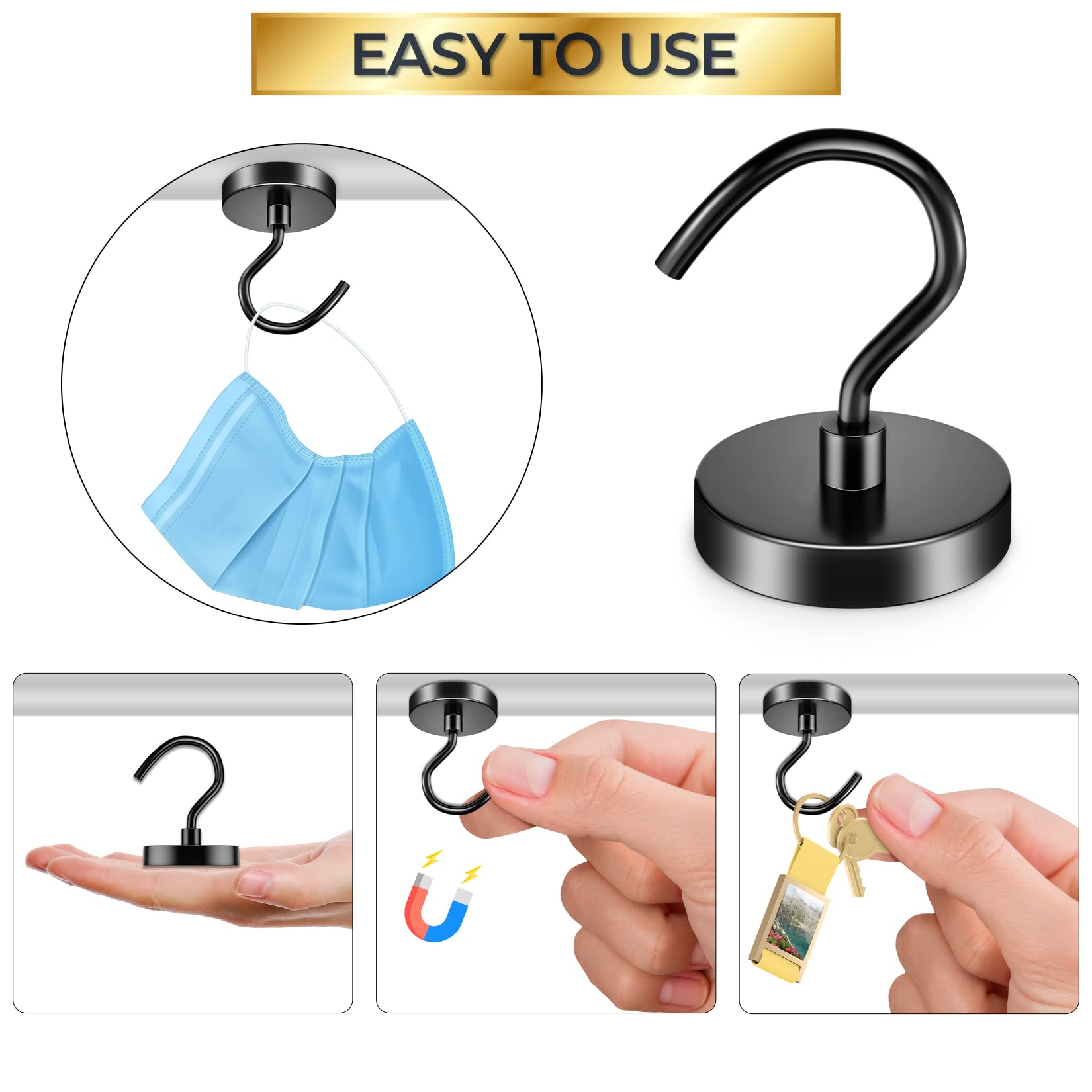 12 Pack Black Heavy Duty Neodymium Magnetic Hooks - 110 Lbs Capacity, Rust Proof Magnetic Hangers for Hanging Tools, Coats, Grill Accessories & Storage - Perfect for Toolbox, Cruise Cabins, Kitchen, Garage & Home Organization