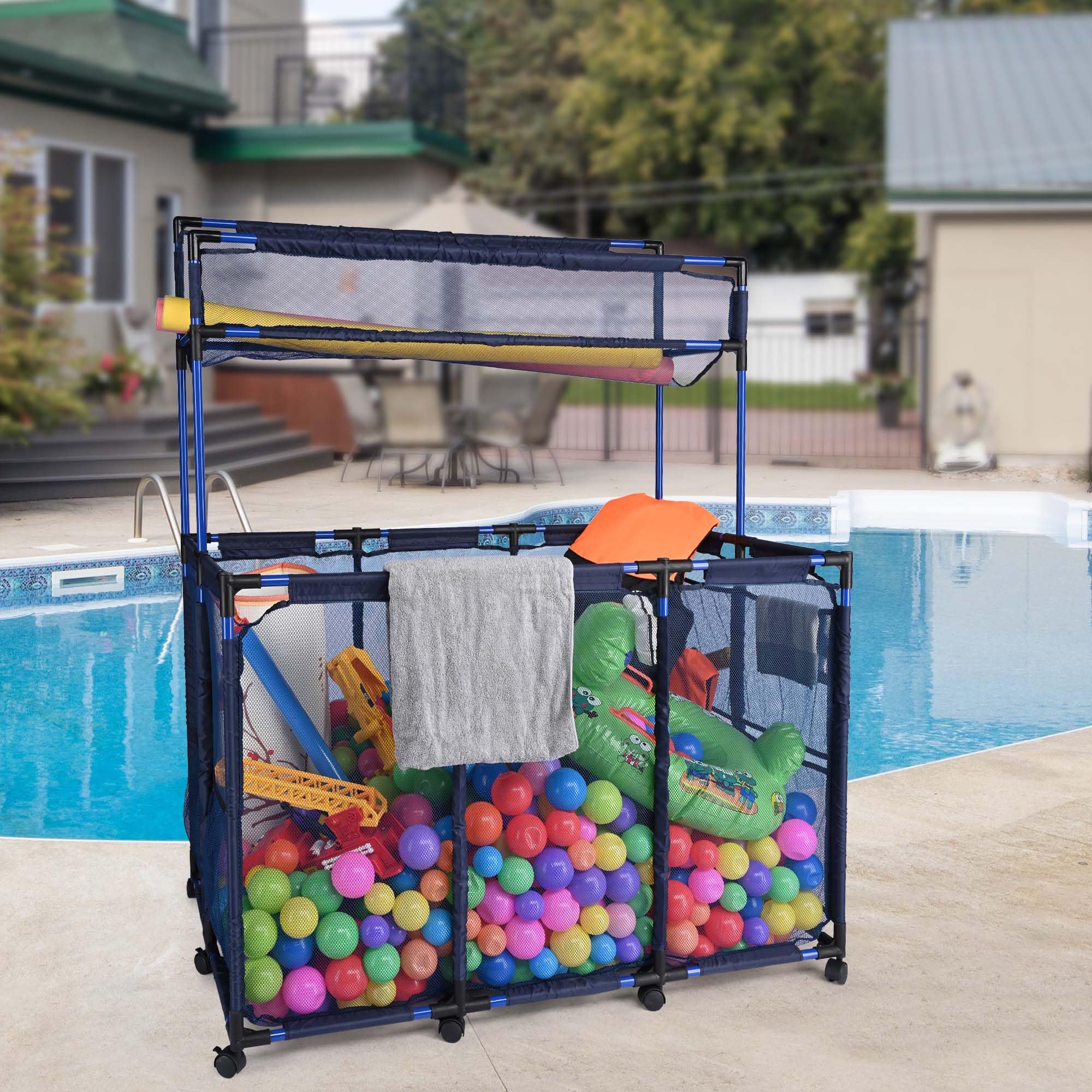 Yescom XX-Large 10-Wheel Rolling Pool Storage Bin - Double Decker Mesh Organizer with Noodle Holder | Heavy-Duty Metal Frame & Upgraded Connectors | 49