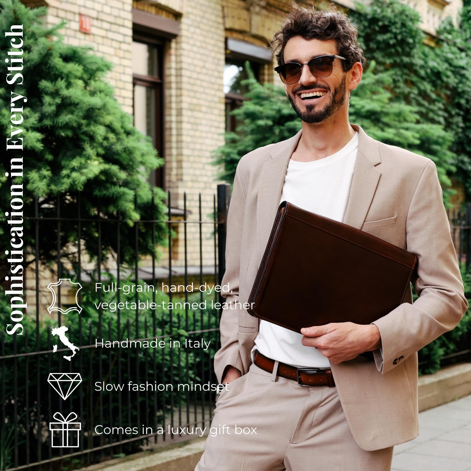 Premium Italian Handcrafted Leather Portfolio Organizer - A4 Document Folder with Time-Resistant Brown Leather - Perfect for Business Meetings, Office Use & Executive Gifts (Includes Gift Box)