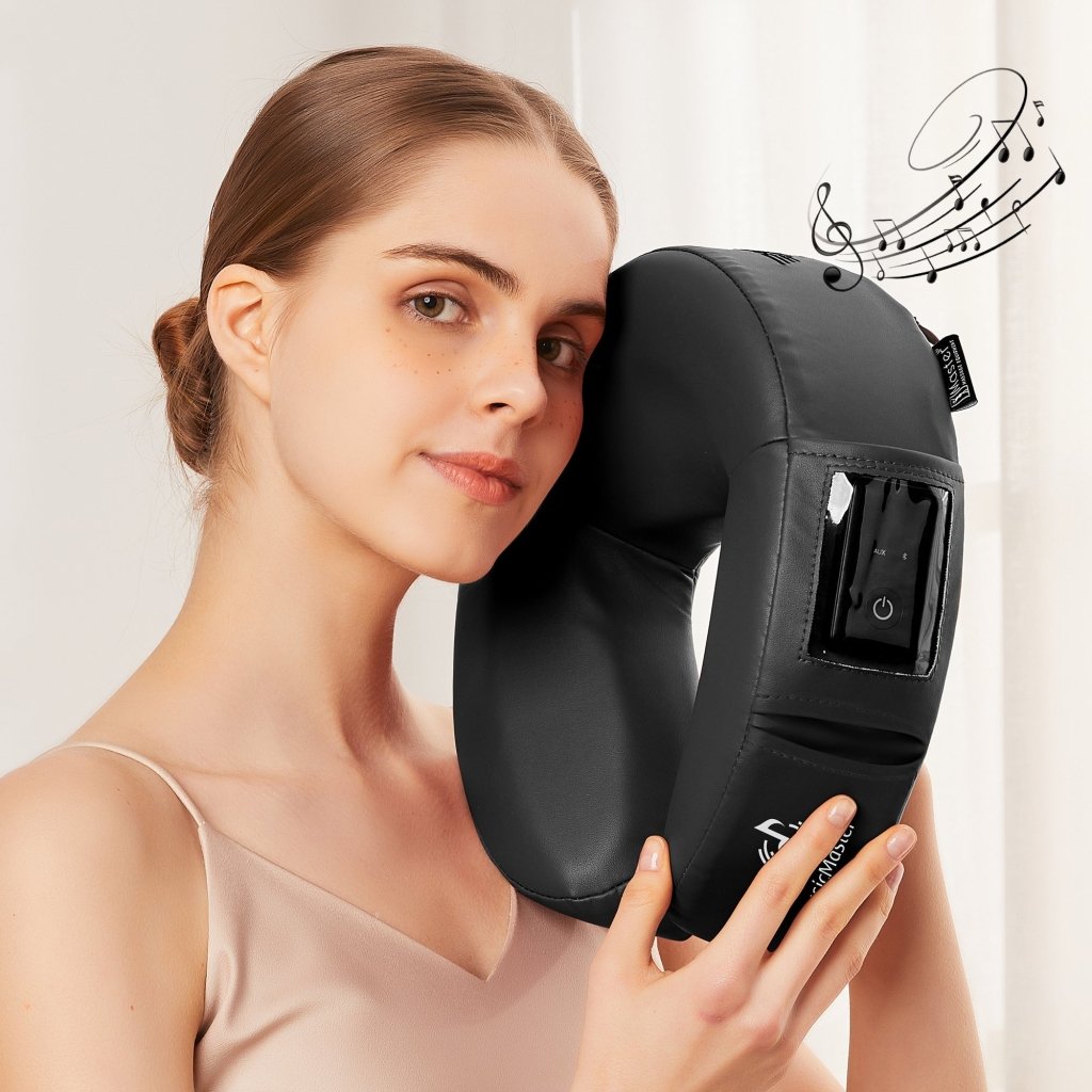 MusicMaster Crescent Round High Fidelity Bluetooth Headrest with Sound Face Cushion - Wireless Car Audio Pillow for Road Trips & Relaxation (Black)