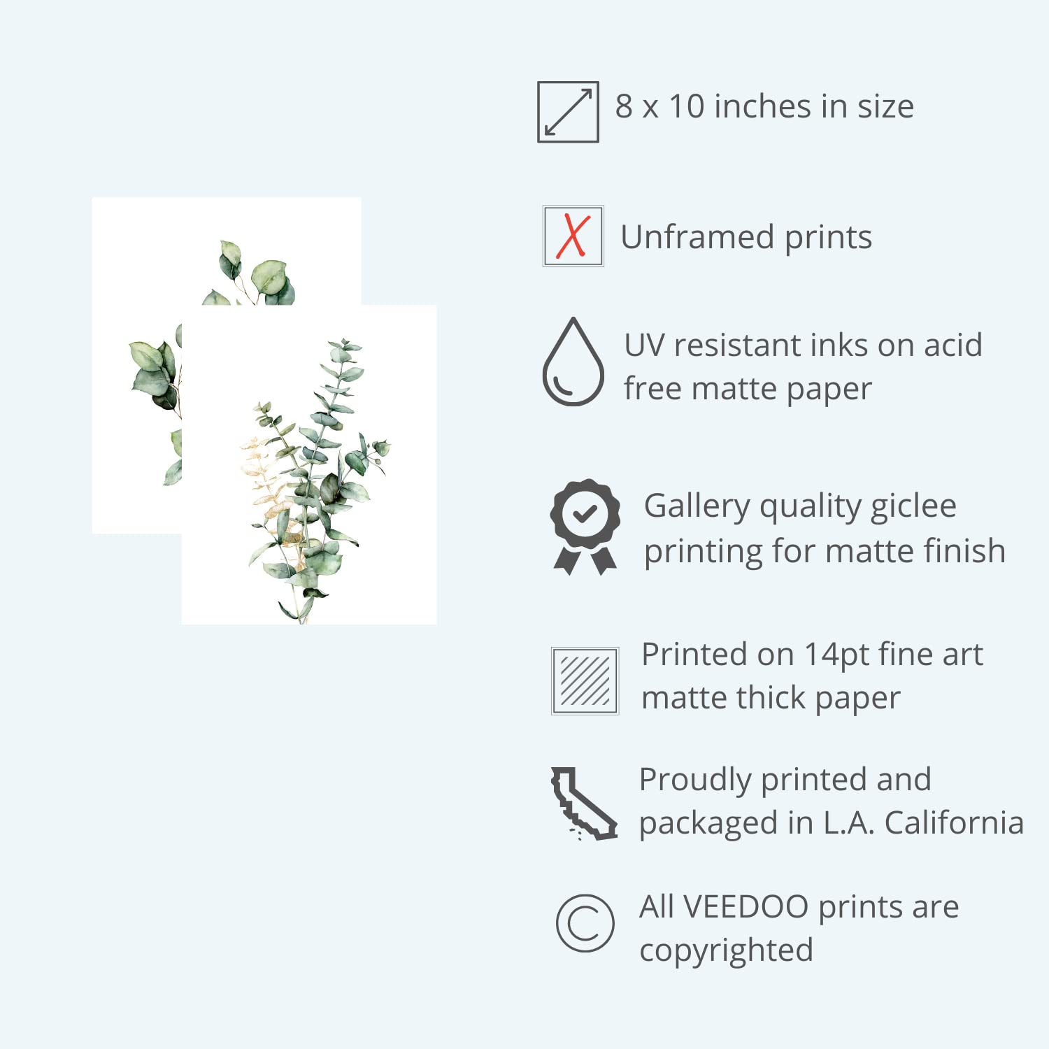 VEEDOO Set of 4 Botanical Wall Art Prints - Sage Green Floral & Eucalyptus Leaves Decor - Unframed 8x10 Wall Art for Bathroom, Bedroom, Office & Home - Perfect for Boho, Farmhouse & Modern Interior Design Styles