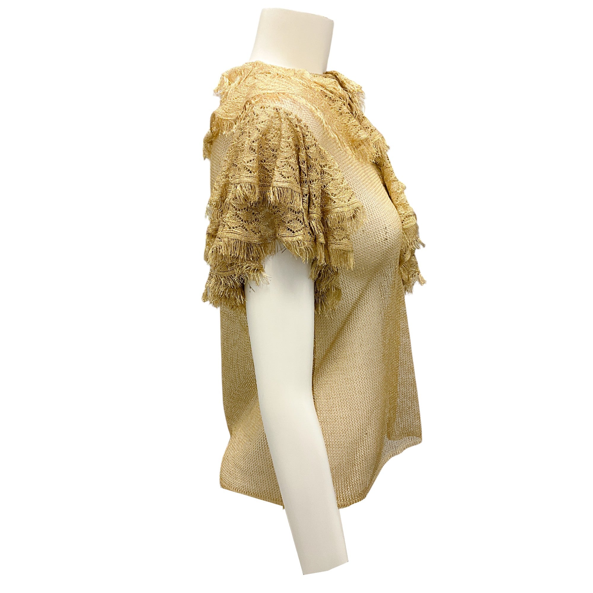Christian Dior Gold Ruffled Crochet Mesh Knit Sweater Top for Women - Elegant Lace Blouse for Party, Date Night & Special Occasions
