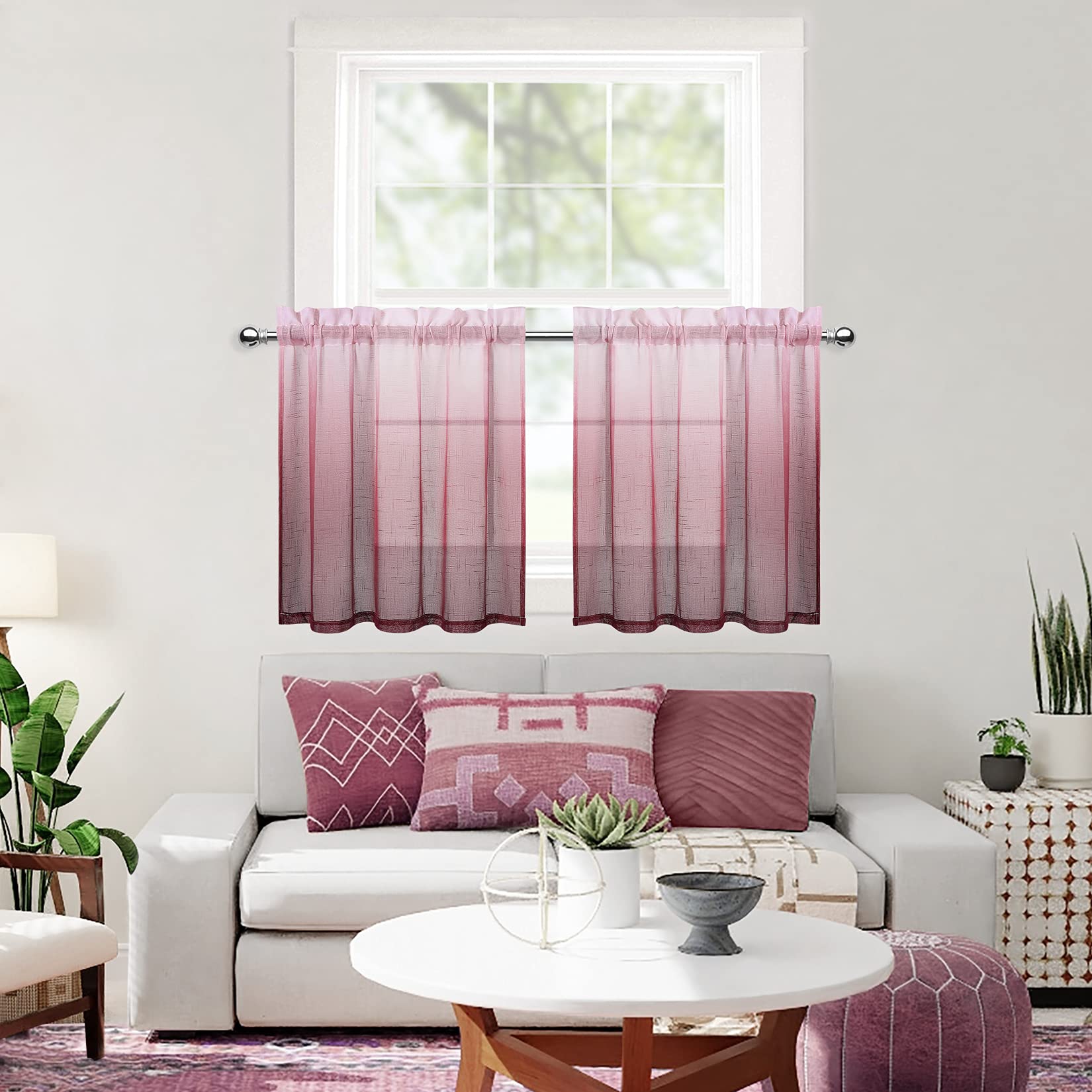 CAROMIO Ombre Sheer Tier Curtains - Faux Linen Gradient Window Drapes for Kitchen, Bedroom & Living Room - 30x30 Inch Burgundy Voile Panels (Set of 2) - Perfect for Light Filtering & Home Decor