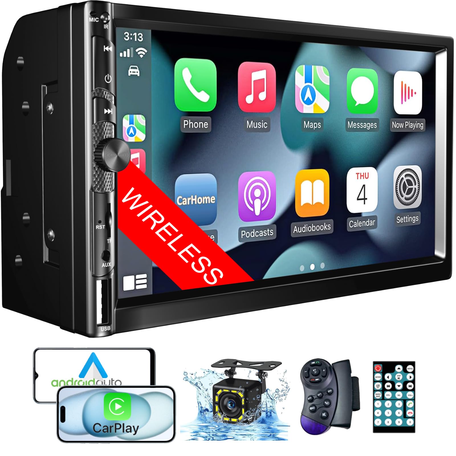7 Inch Wireless Double Din Car Stereo with Apple CarPlay & Android Auto - HD 1024x600 Touchscreen, Bluetooth 5.1 Hands-Free, GPS Navigation, Backup Camera - FM Radio Receiver with USB/AUX/TF/SWC/EQ for Seamless Driving & Entertainment