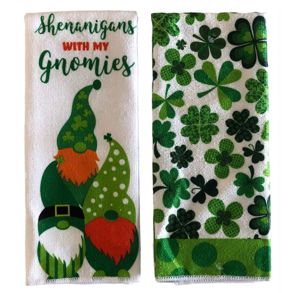 St. Patrick's Day Kitchen Towels Set of 2 - Irish Gnome & Shamrock Dish Towels, Hand Towels & Bath Towels for St. Patrick's Day Decor - Perfect for Irish-Themed Kitchens, Parties & Home Decor