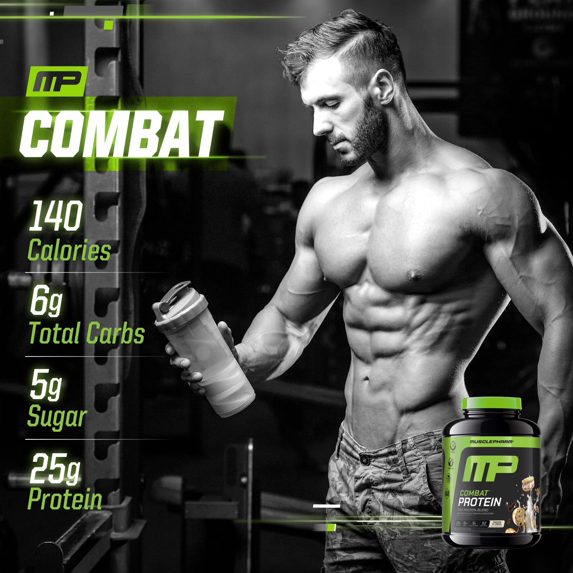 MusclePharm Combat Protein Powder - Cookies 'N' Cream Flavor | 5 Protein Sources (Whey Isolate & Egg Albumin) | Gluten Free | 4lb (52 Servings) | Post-Workout Recovery & Muscle Growth Supplement for Athletes & Fitness Enthusiasts