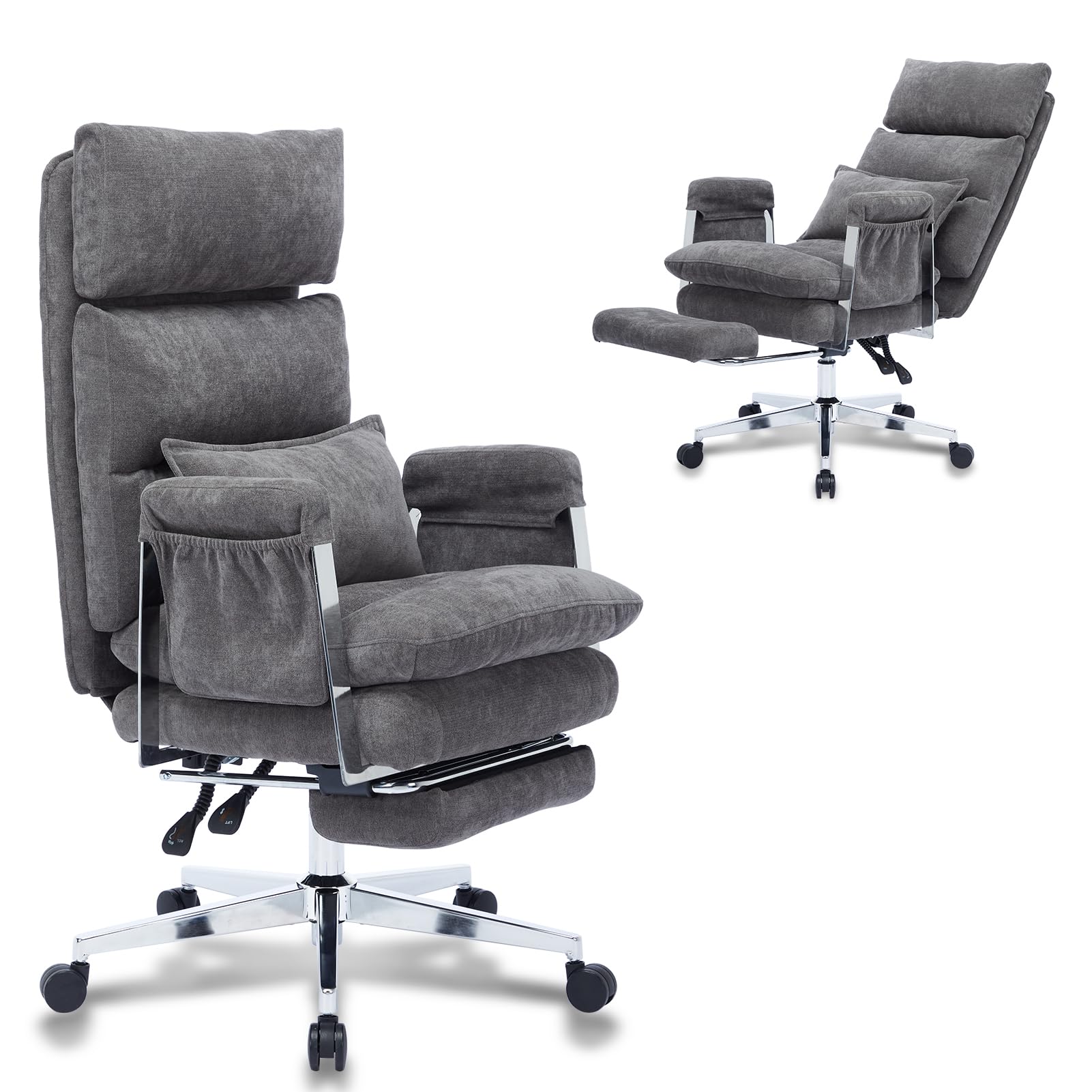 Big and Tall Ergonomic Office Chair with Footrest - Heavy Duty Stainless Steel Frame, High Back Reclining Chenille Fabric Chair with Lumbar Support & Spring Cushion (Koala Gray) - Perfect for Home Office, Gaming, and Workspace Comfort