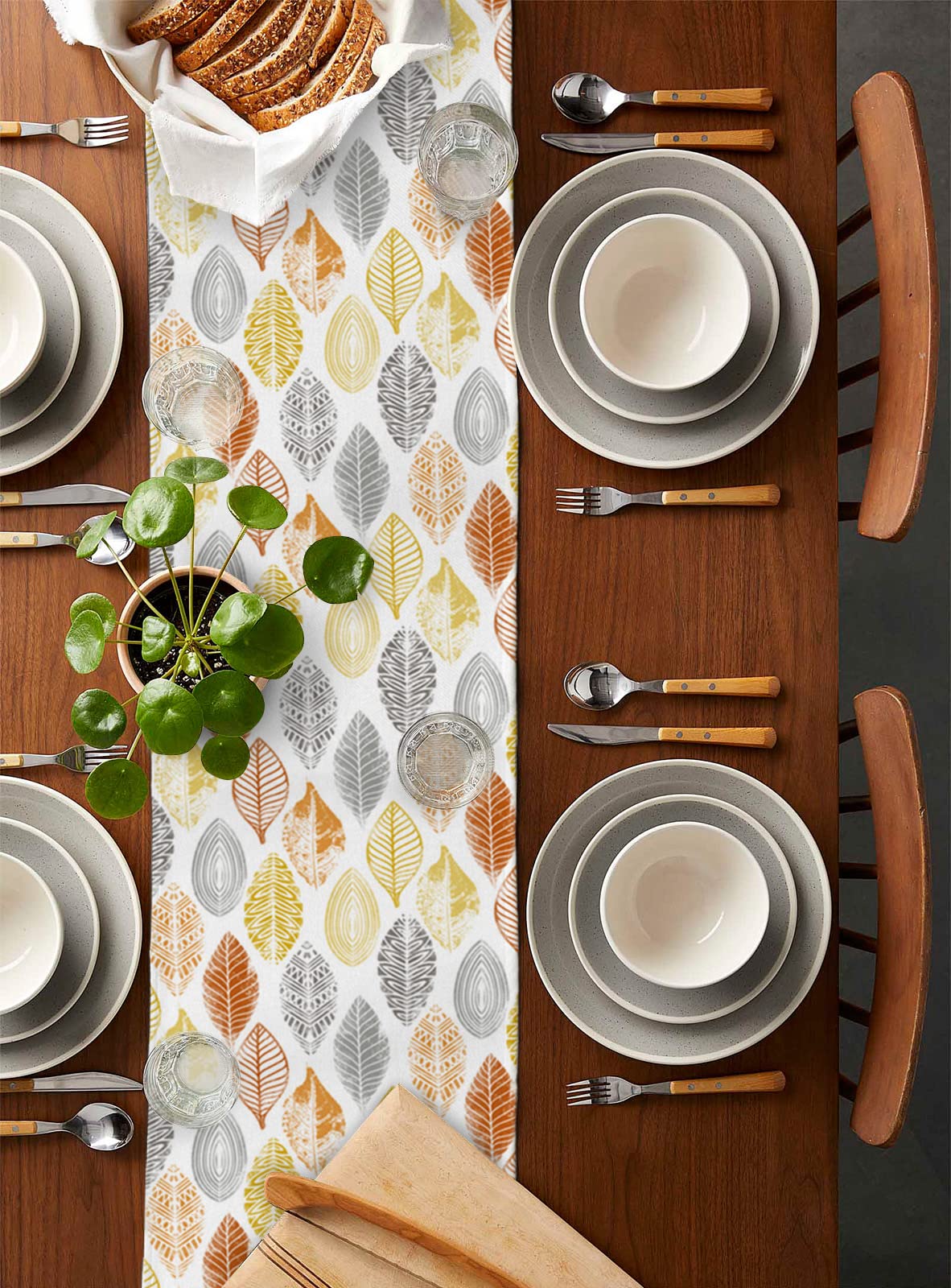 Cotton Linen Table Runner 72 Inch - Farmhouse Kitchen Dining Table Decor with Orange Yellow Grey Leaf Pattern, Coffee Table Scarf for Summer Fall Wedding Party Banquet Home Decor | Perfect for Farmhouse, Rustic, and Boho Style Dining Tables